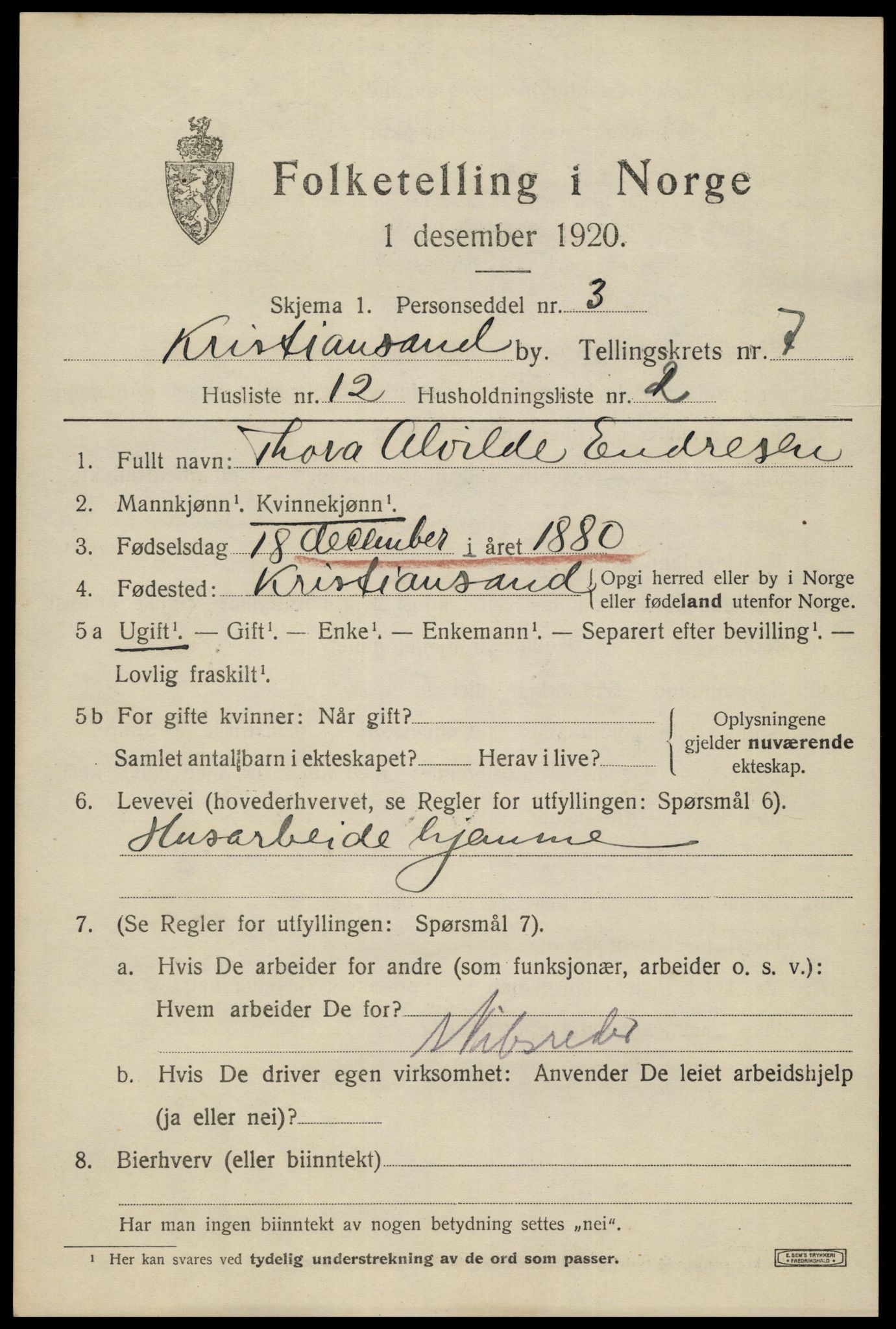 SAK, 1920 census for Kristiansand, 1920, p. 20243