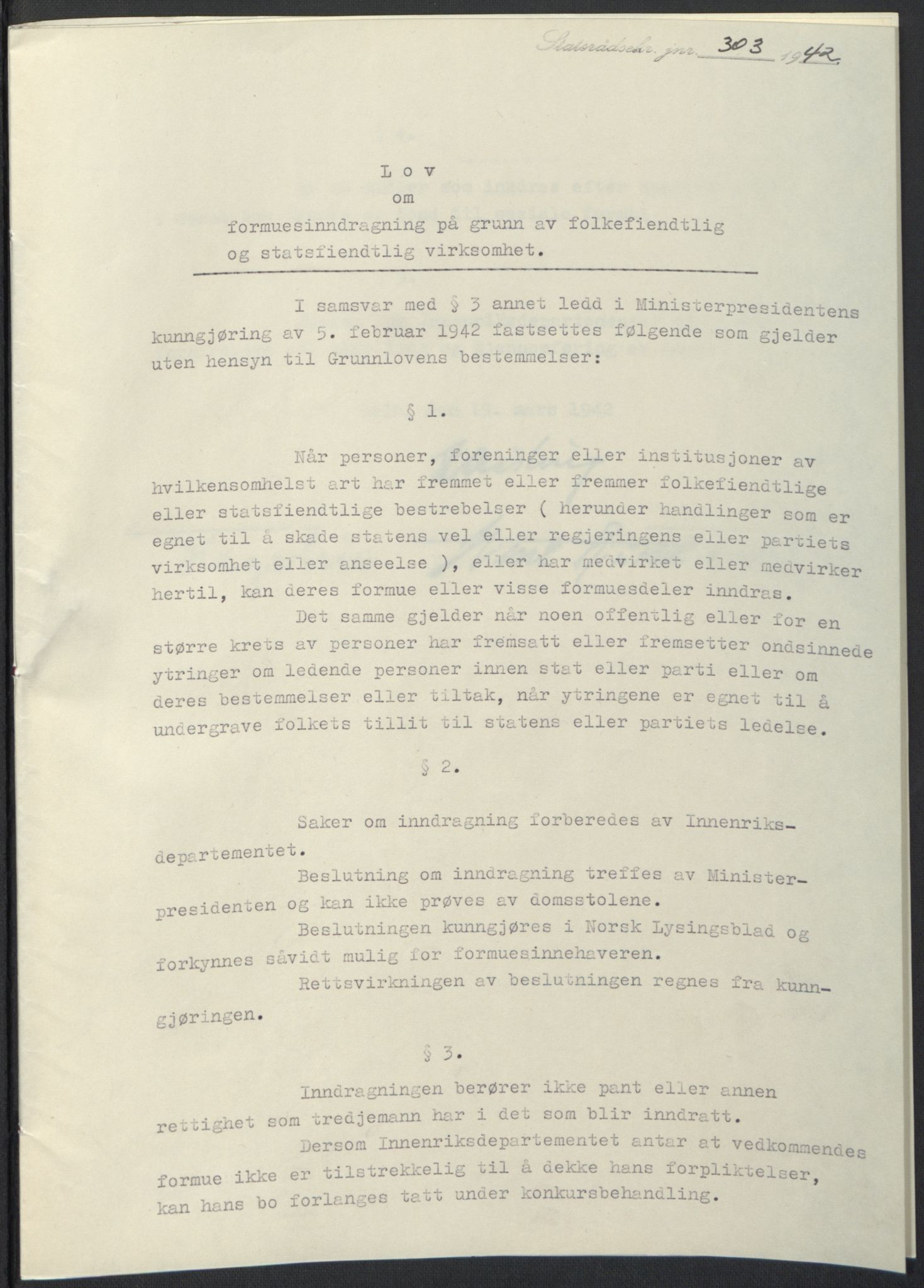 NS-administrasjonen 1940-1945 (Statsrådsekretariatet, de kommisariske statsråder mm), RA/S-4279/D/Db/L0097: Lover I, 1942, p. 185