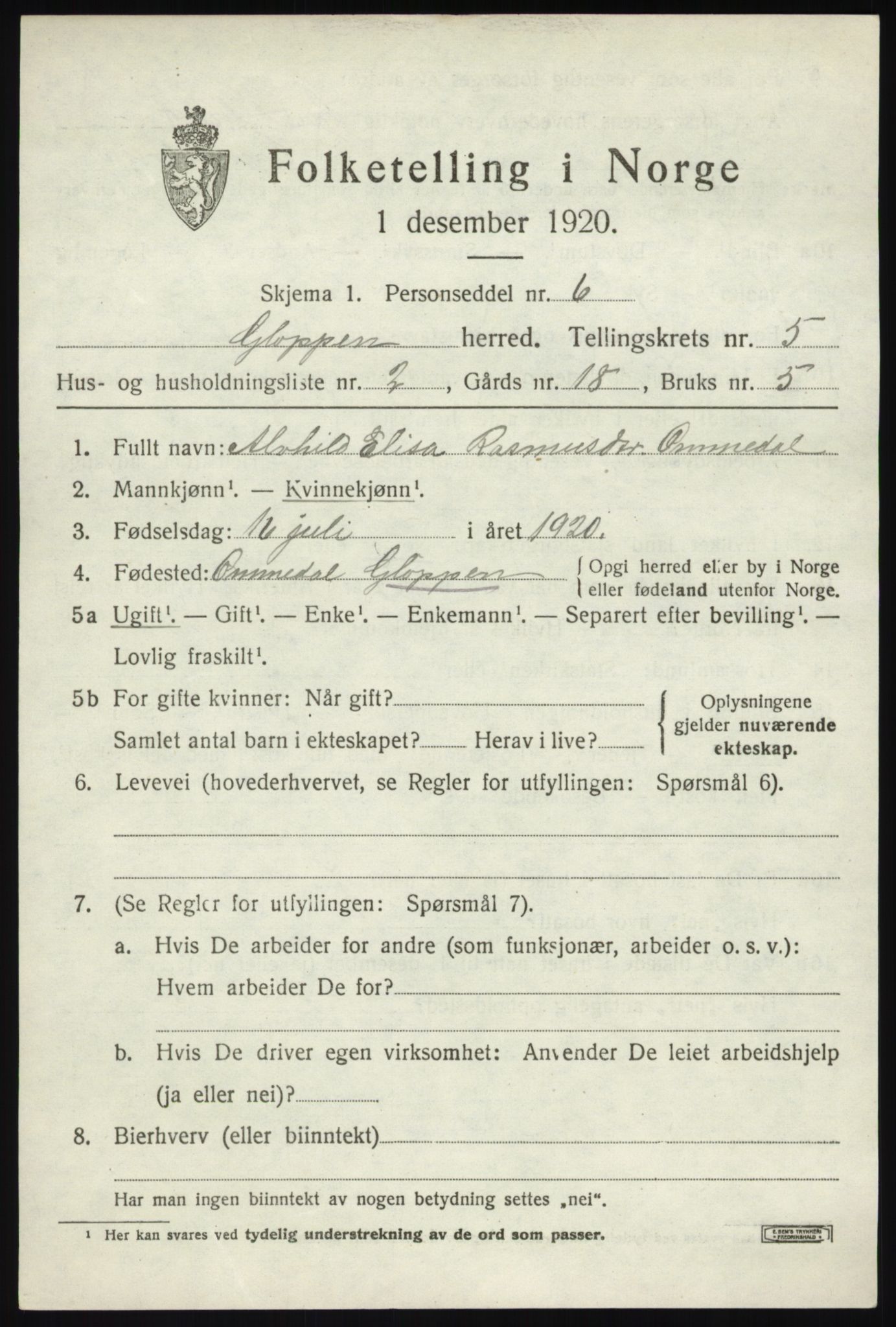 SAB, 1920 census for Gloppen, 1920, p. 3356