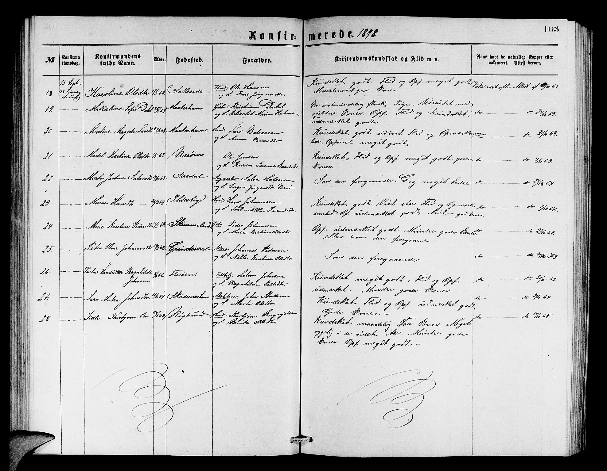 Finnås sokneprestembete, SAB/A-99925/H/Ha/Hab/Haba/L0002: Parish register (copy) no. A 2, 1873-1882, p. 103