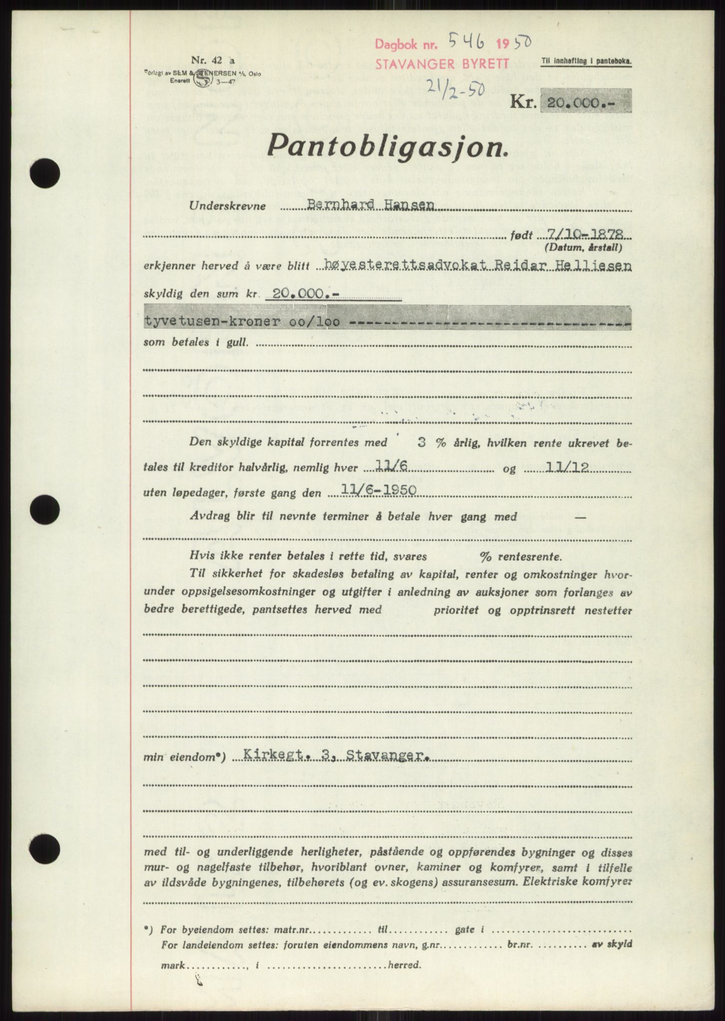 Stavanger byrett, SAST/A-100455/002/G/Gb/L0032: Mortgage book, 1947-1950, Diary no: : 546/1950