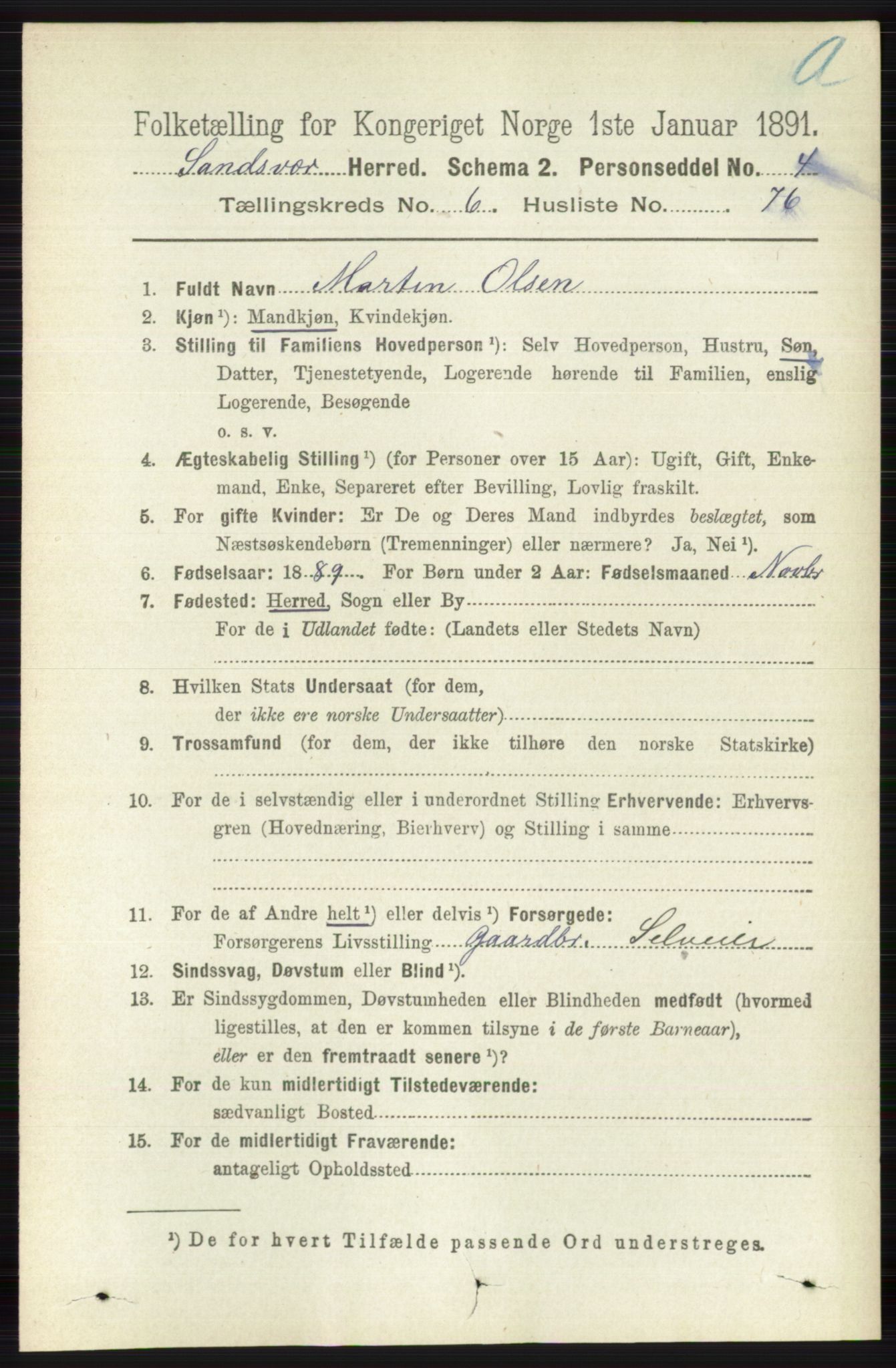 RA, 1891 census for 0629 Sandsvær, 1891, p. 3883