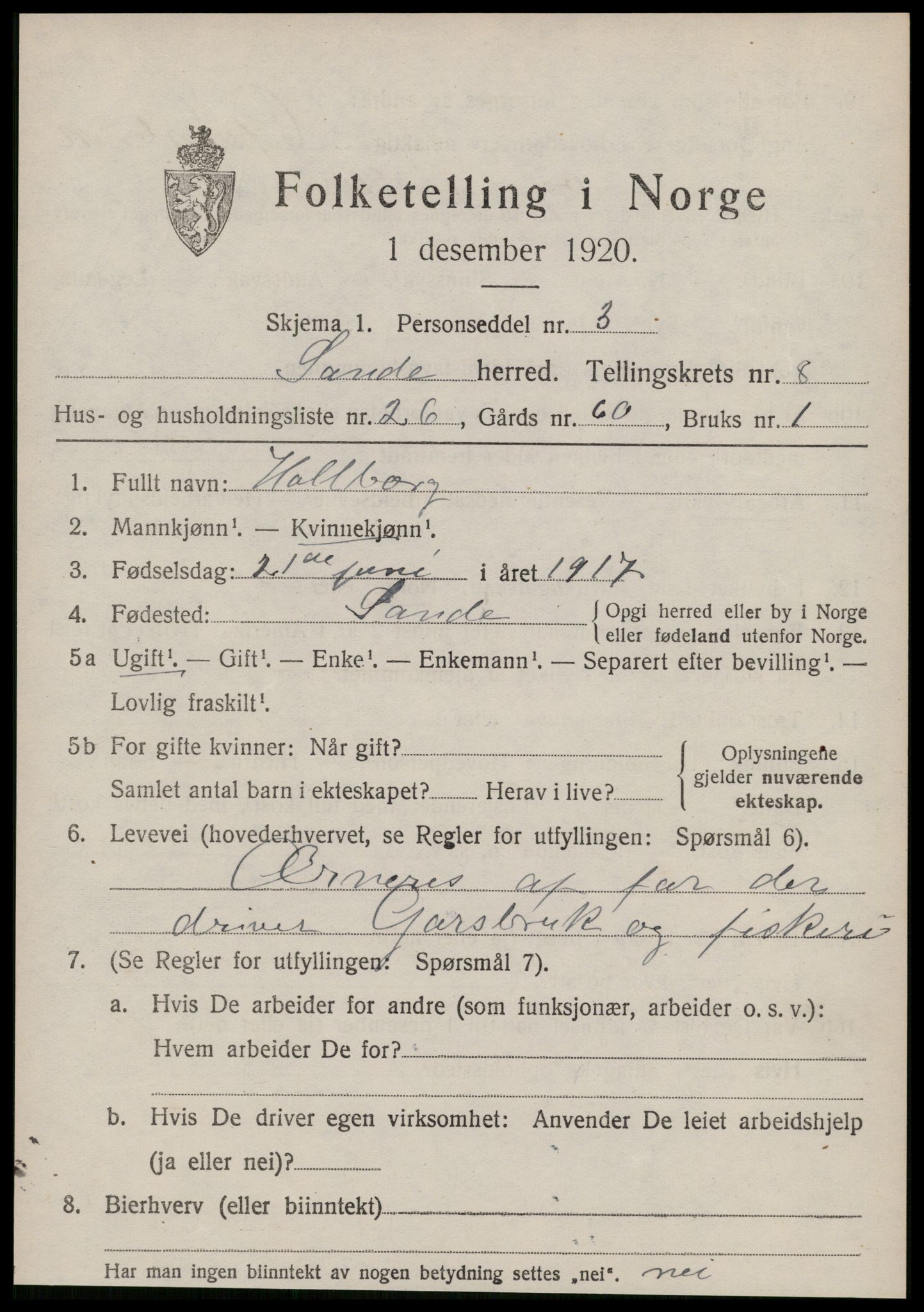 SAT, 1920 census for Sande (MR), 1920, p. 5086