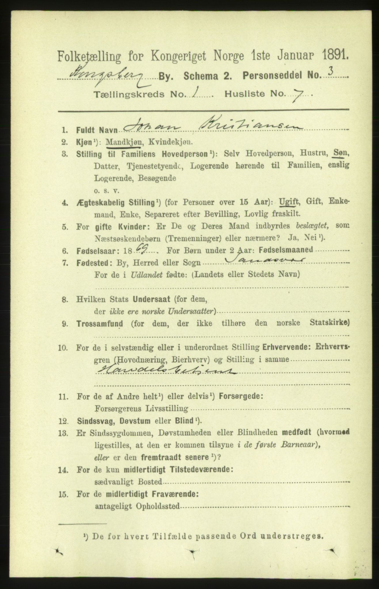 RA, 1891 census for 0604 Kongsberg, 1891, p. 1651