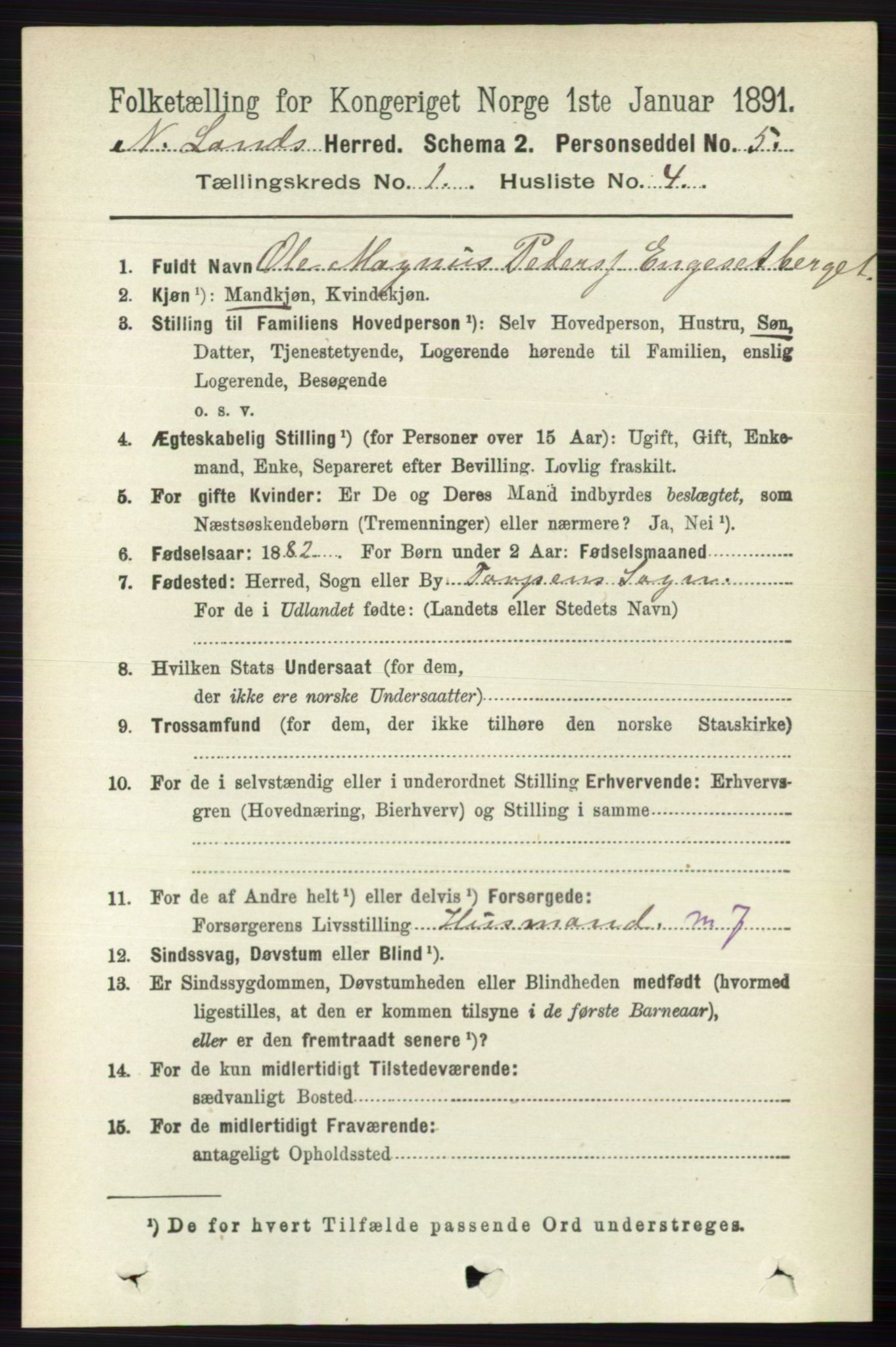 RA, 1891 census for 0538 Nordre Land, 1891, p. 142