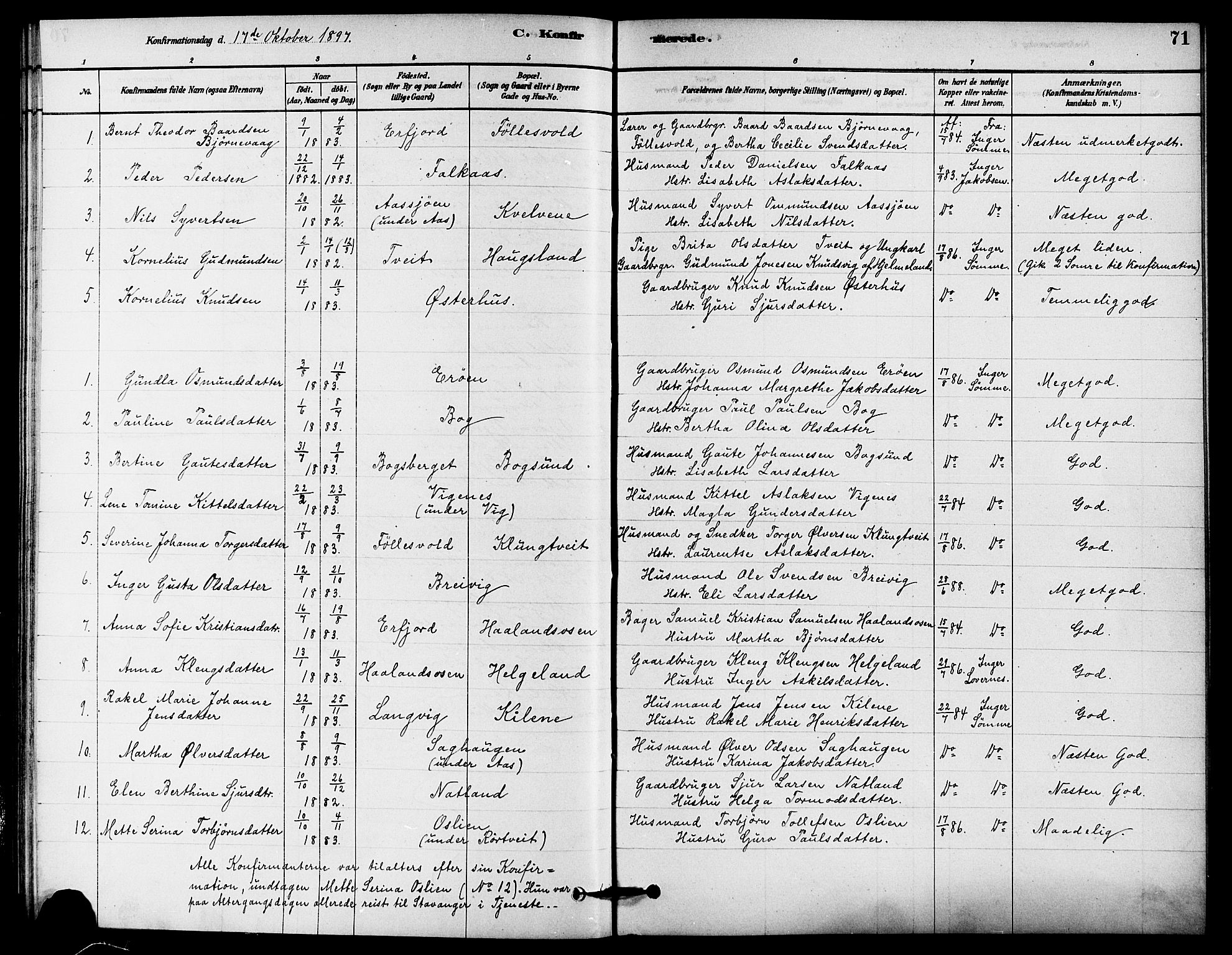 Jelsa sokneprestkontor, AV/SAST-A-101842/01/IV: Parish register (official) no. A 9, 1878-1898, p. 71