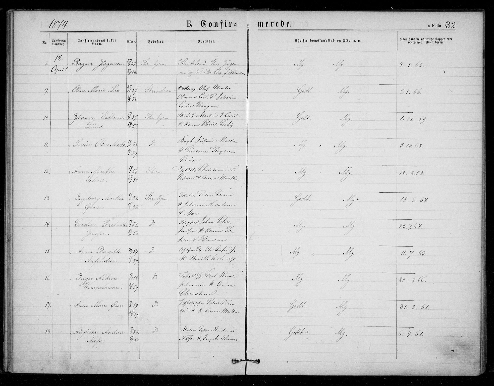 Ministerialprotokoller, klokkerbøker og fødselsregistre - Sør-Trøndelag, AV/SAT-A-1456/602/L0121: Parish register (official) no. 602A19, 1872-1879, p. 32