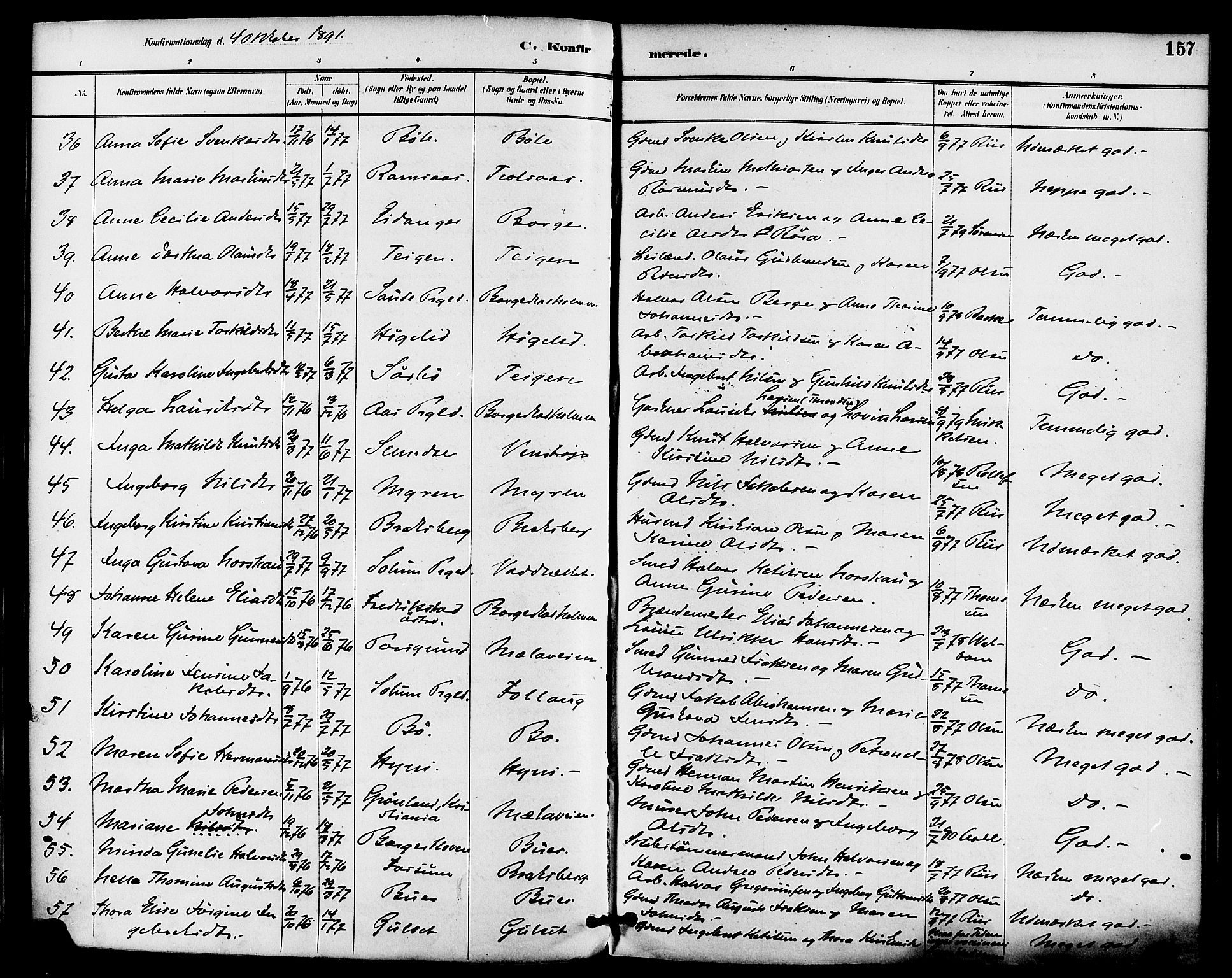Gjerpen kirkebøker, SAKO/A-265/F/Fa/L0010: Parish register (official) no. I 10, 1886-1895, p. 157