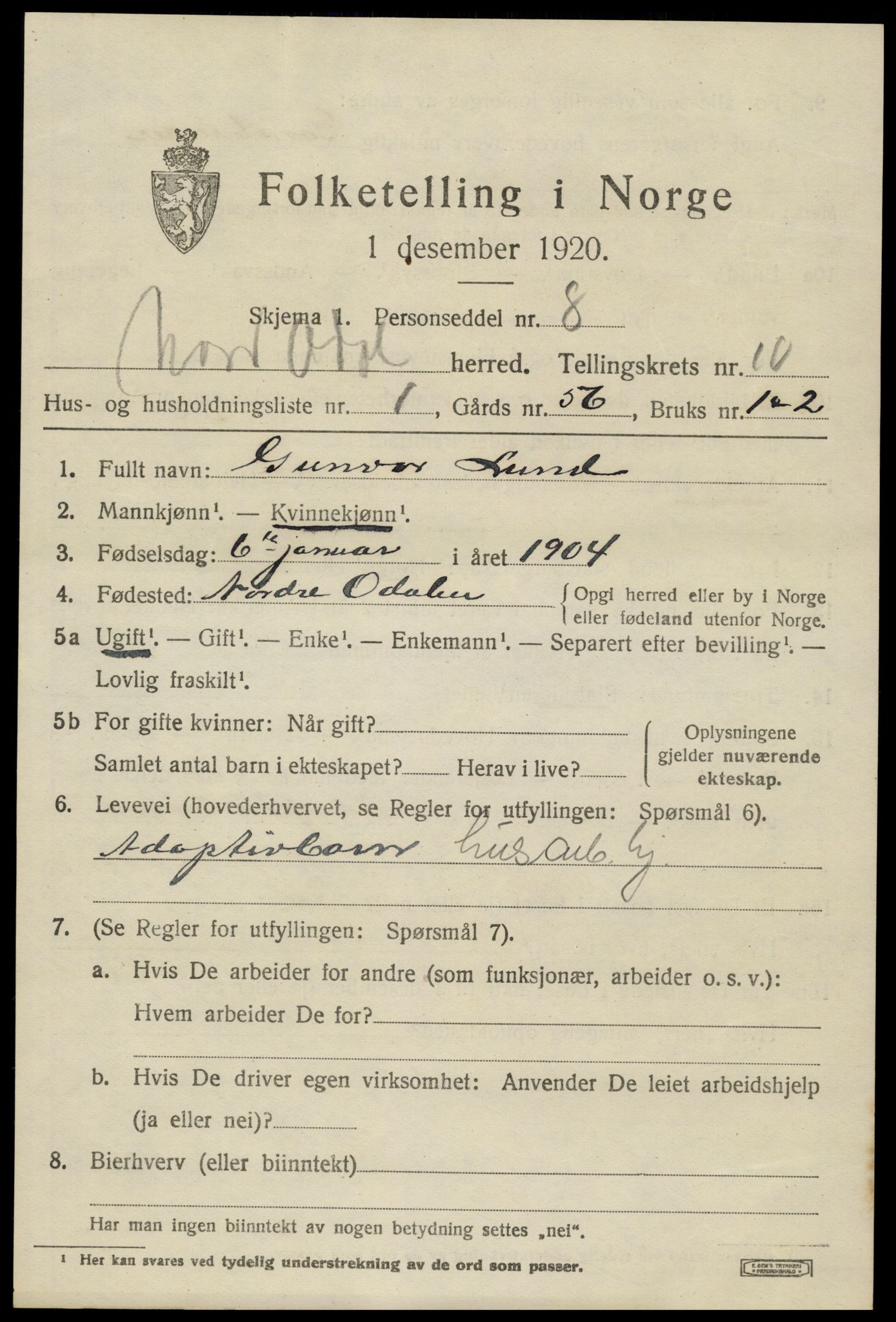 SAH, 1920 census for Nord-Odal, 1920, p. 10887