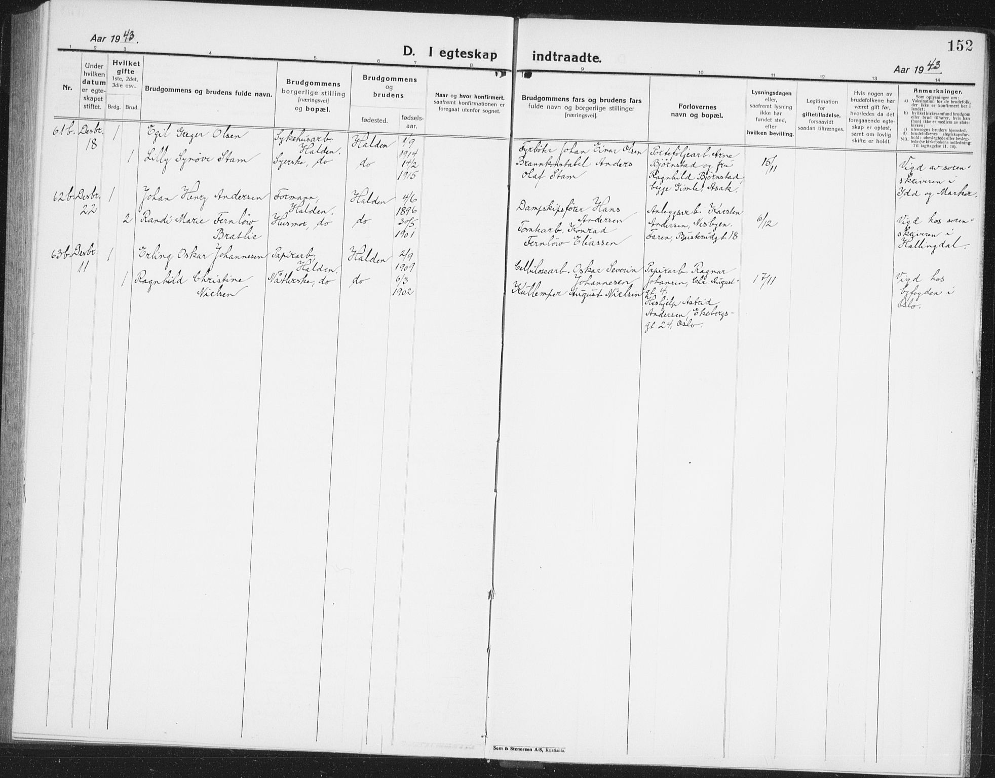 Halden prestekontor Kirkebøker, AV/SAO-A-10909/G/Ga/L0014: Parish register (copy) no. 14, 1925-1943, p. 152