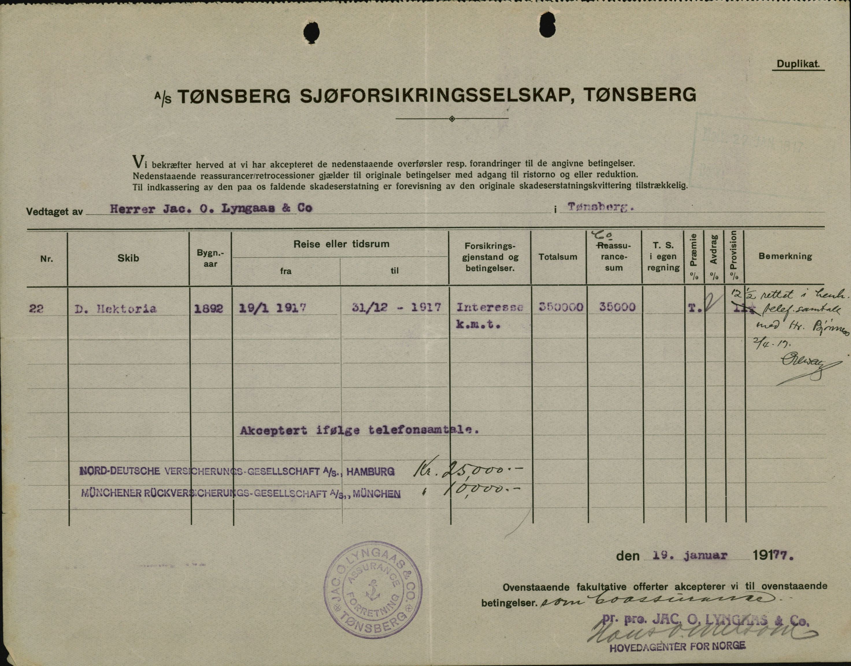 Pa 664 - Tønsberg Sjøforsikringsselskap, VEMU/A-1773/F/L0001: Forsikringspoliser, 1915-1918