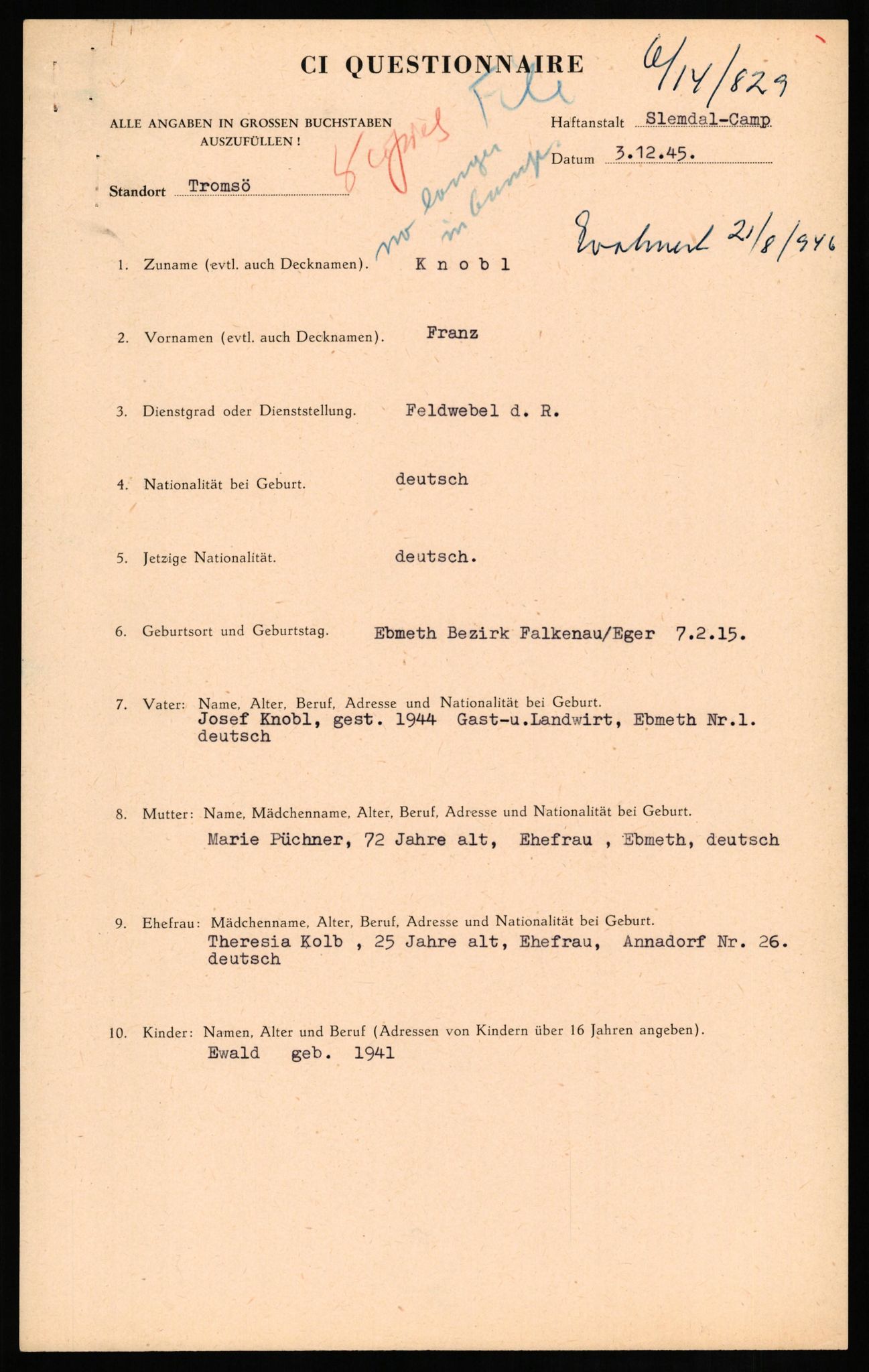 Forsvaret, Forsvarets overkommando II, AV/RA-RAFA-3915/D/Db/L0017: CI Questionaires. Tyske okkupasjonsstyrker i Norge. Tyskere., 1945-1946, p. 146