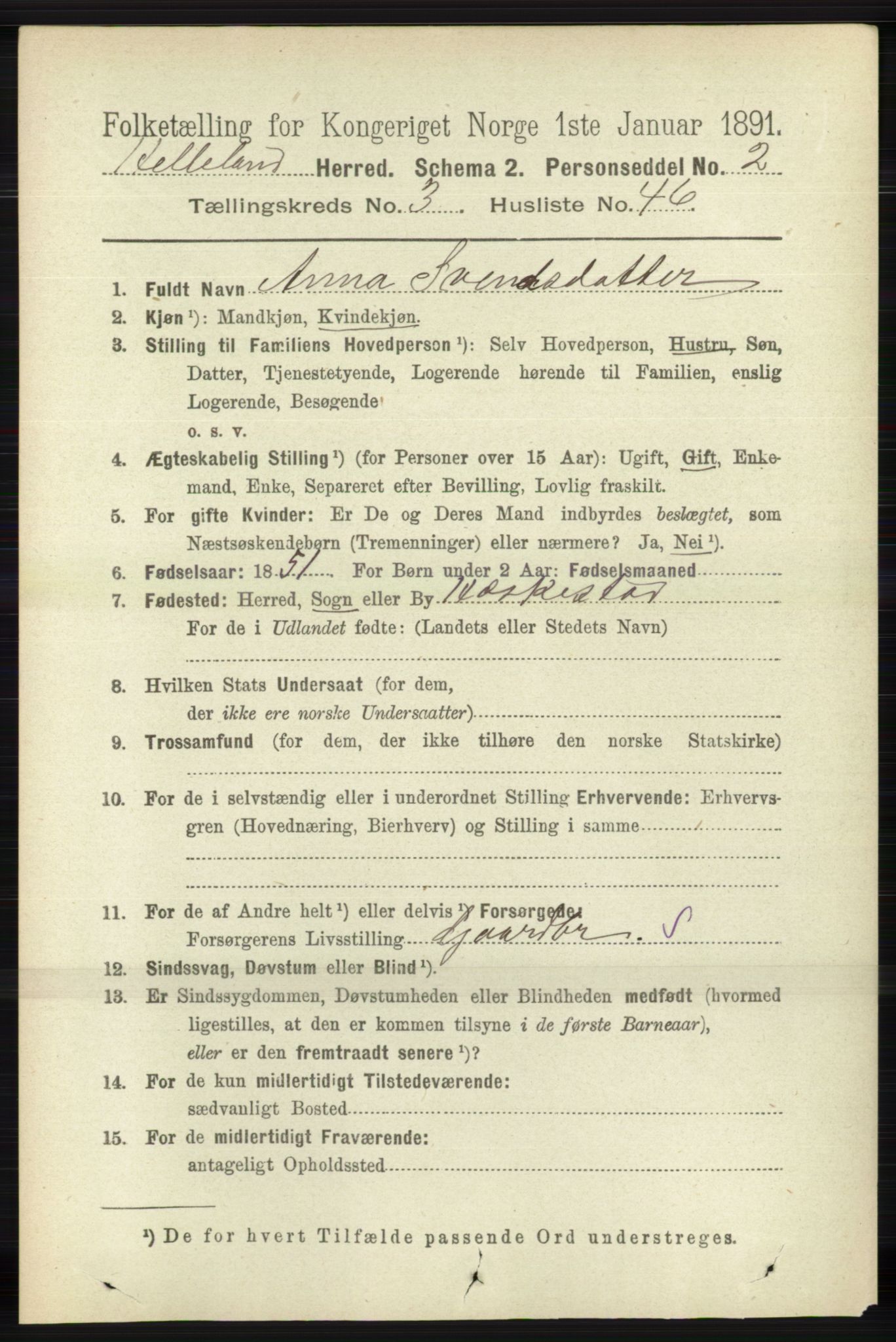 RA, 1891 census for 1115 Helleland, 1891, p. 1096