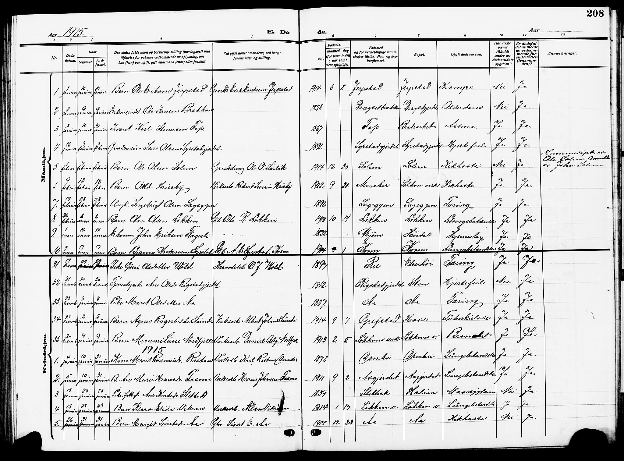 Ministerialprotokoller, klokkerbøker og fødselsregistre - Sør-Trøndelag, SAT/A-1456/672/L0865: Parish register (copy) no. 672C04, 1914-1928, p. 208