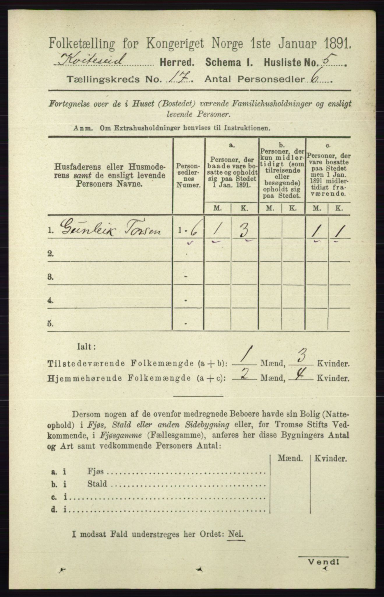 RA, 1891 census for 0829 Kviteseid, 1891, p. 3758