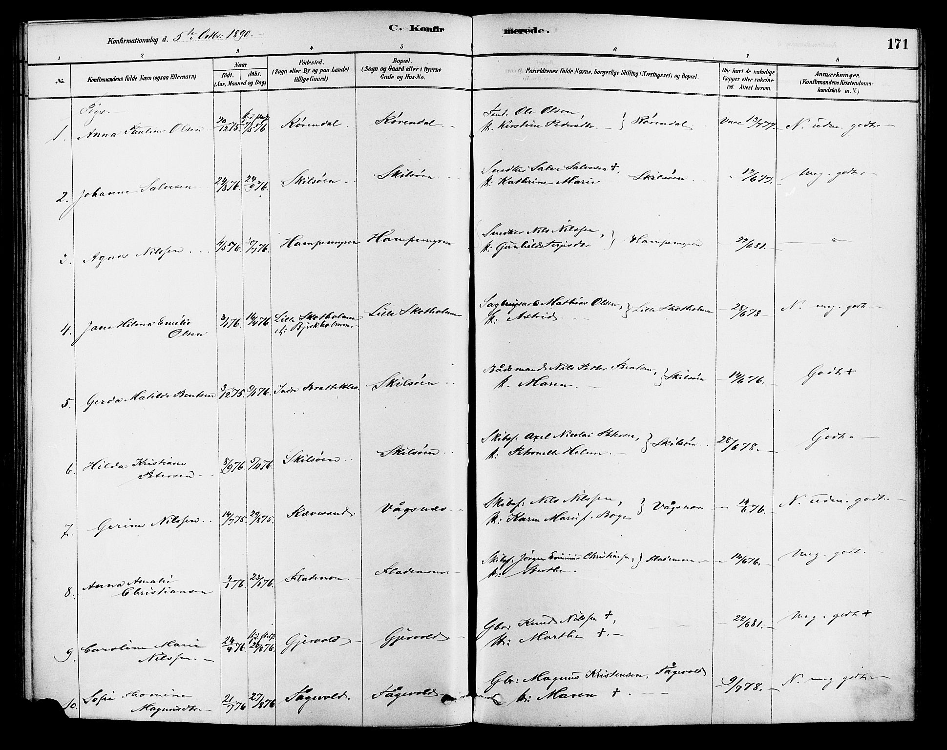 Tromøy sokneprestkontor, SAK/1111-0041/F/Fa/L0009: Parish register (official) no. A 9, 1878-1896, p. 171