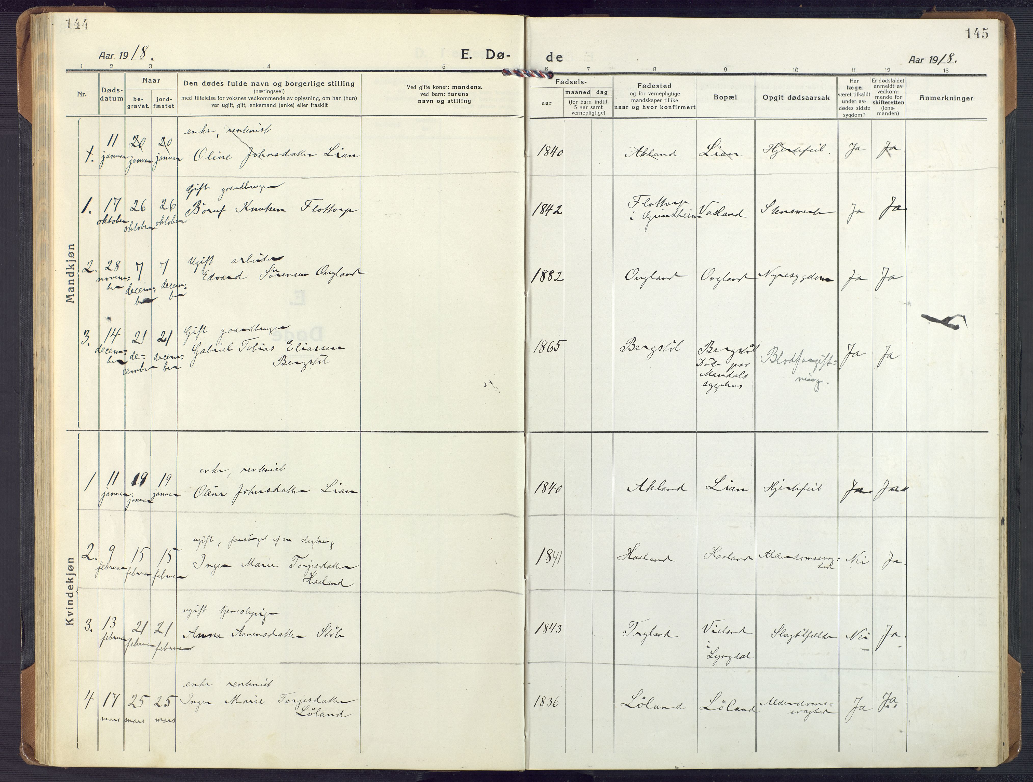 Nord-Audnedal sokneprestkontor, SAK/1111-0032/F/Fa/Fab/L0005: Parish register (official) no. A 5, 1918-1925, p. 144-145