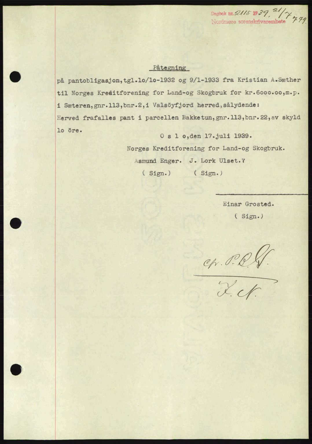 Nordmøre sorenskriveri, AV/SAT-A-4132/1/2/2Ca: Mortgage book no. B85, 1939-1939, Diary no: : 2115/1939