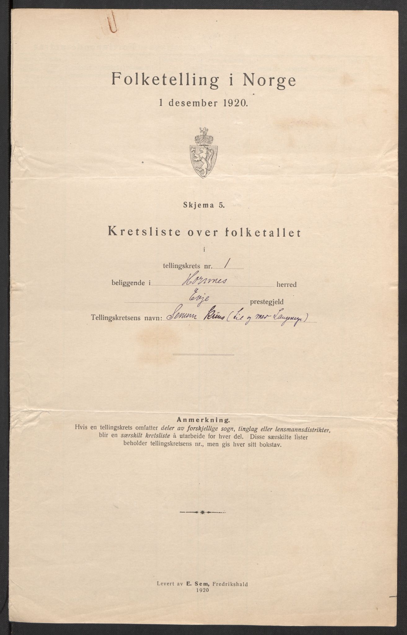 SAK, 1920 census for Hornnes, 1920, p. 11