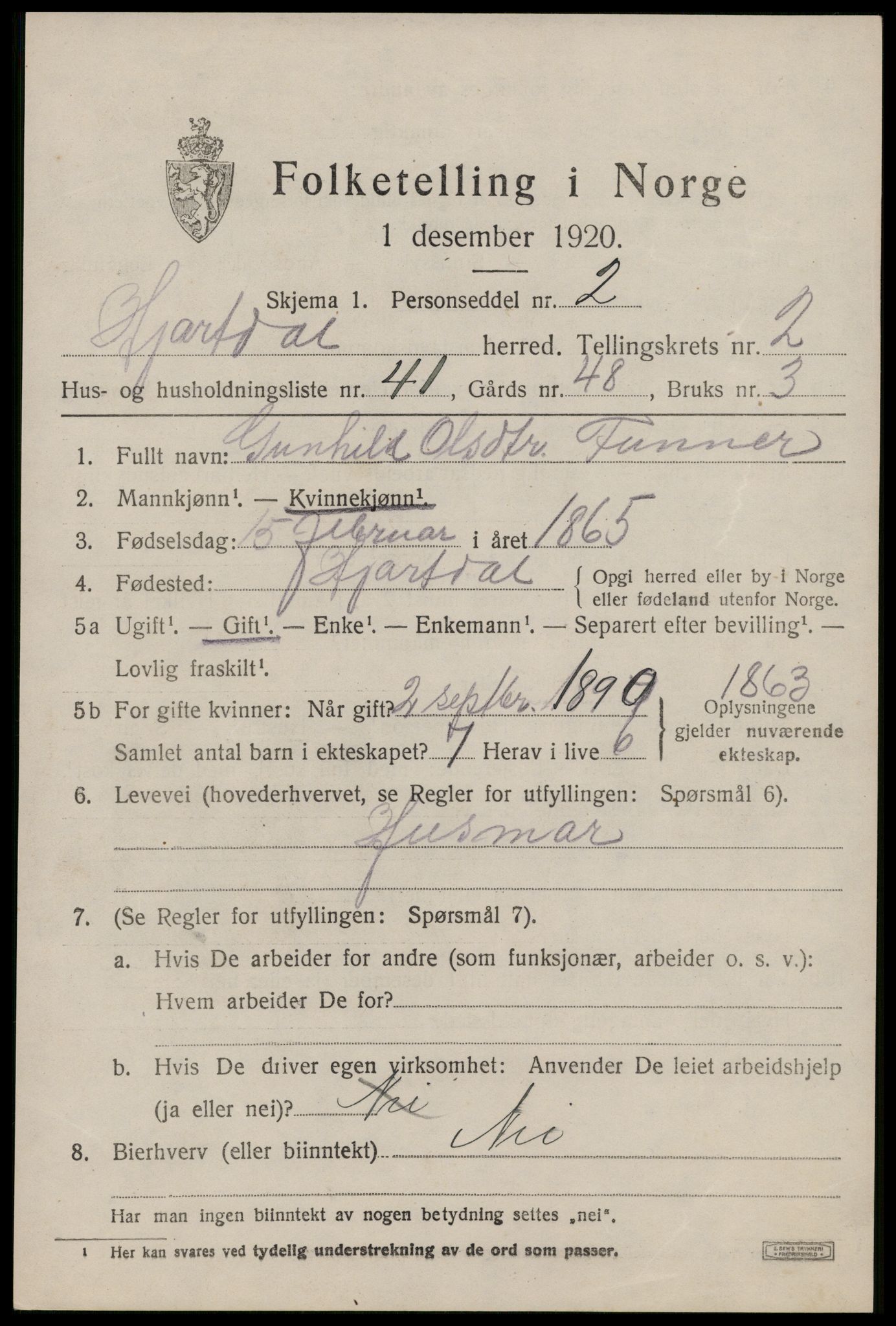 SAKO, 1920 census for Hjartdal, 1920, p. 2254