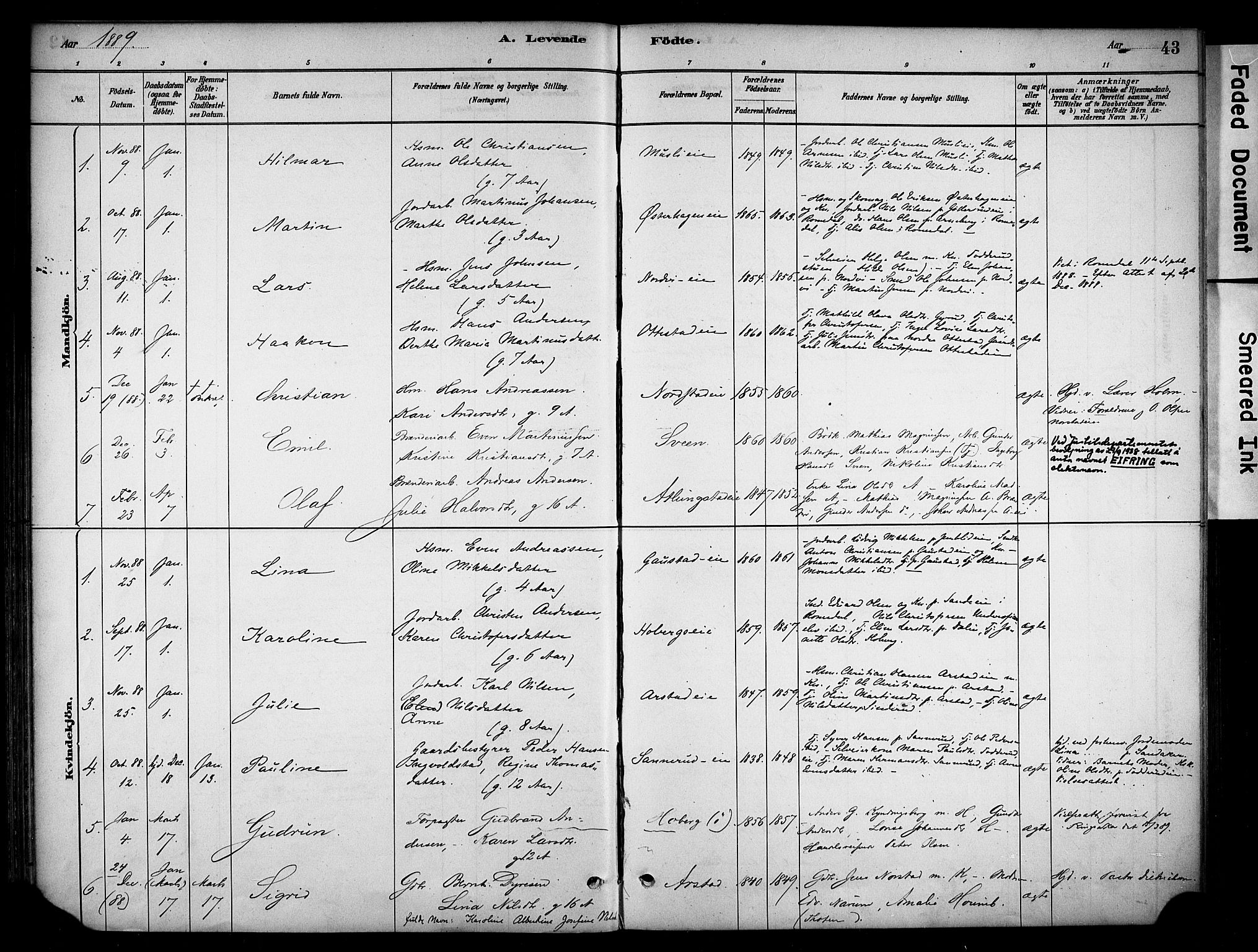 Stange prestekontor, SAH/PREST-002/K/L0019: Parish register (official) no. 19, 1880-1891, p. 43