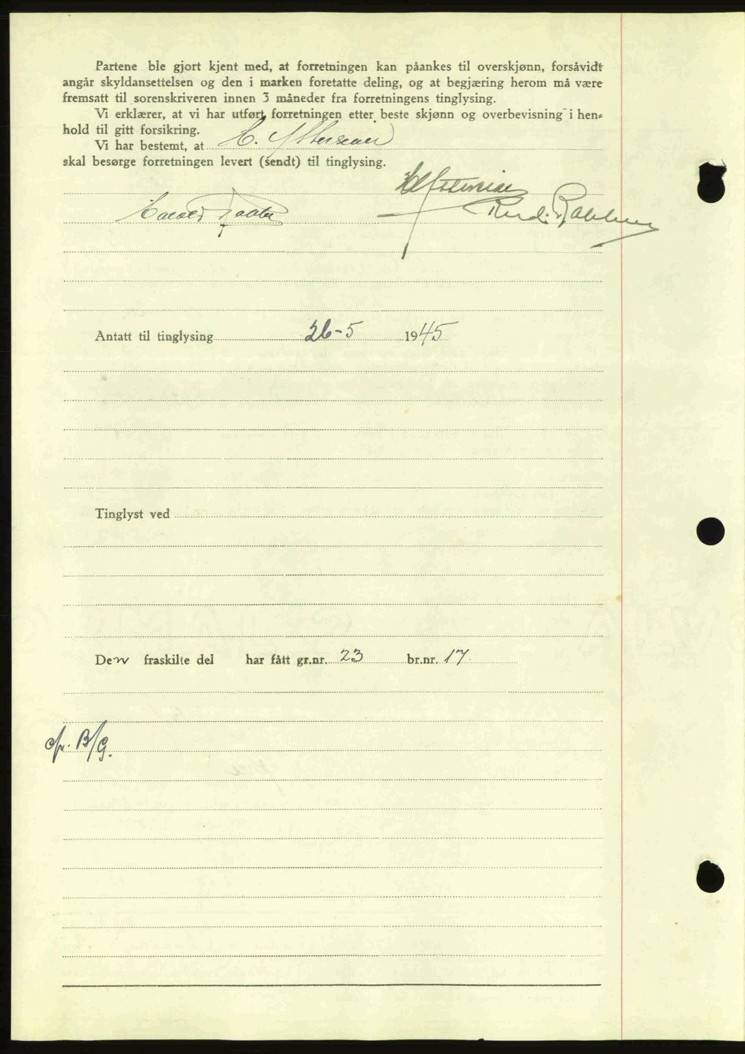 Hitra sorenskriveri, AV/SAT-A-0018/2/2C/2Ca: Mortgage book no. A2, 1943-1945, Diary no: : 310/1945