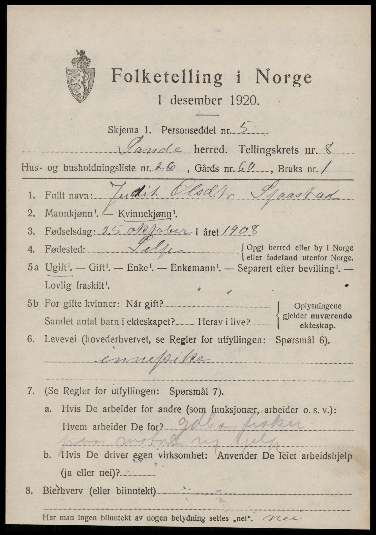 SAT, 1920 census for Sande (MR), 1920, p. 5090