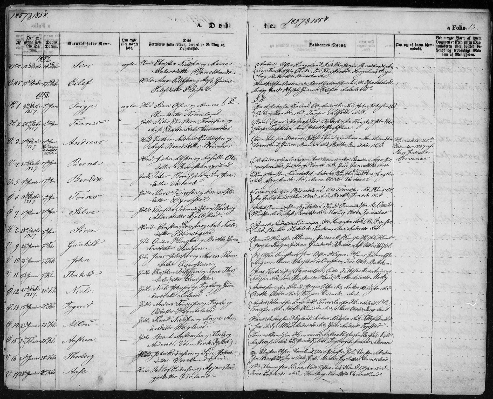 Vennesla sokneprestkontor, AV/SAK-1111-0045/Fa/Fac/L0007: Parish register (official) no. A 7, 1855-1873, p. 13