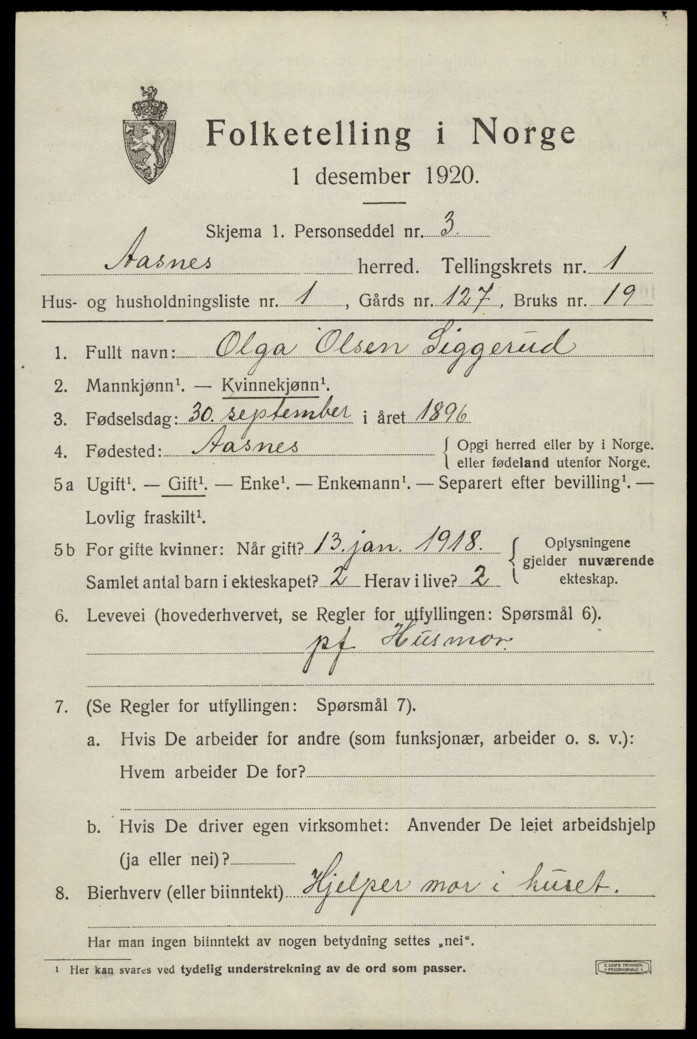 SAH, 1920 census for Åsnes, 1920, p. 2138