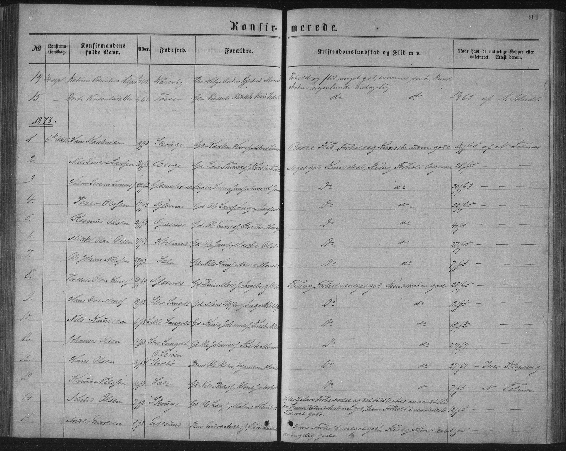 Sund sokneprestembete, AV/SAB-A-99930: Parish register (copy) no. B 2, 1874-1881, p. 94