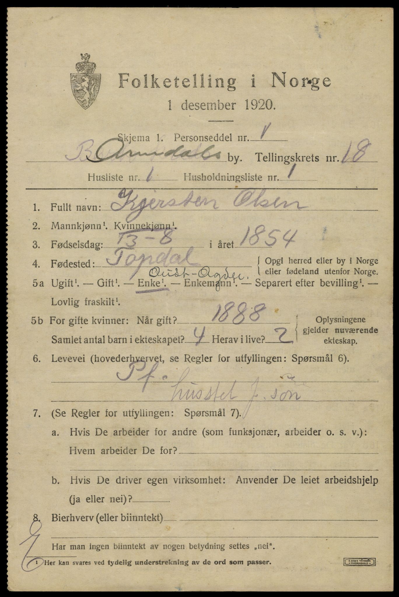 SAK, 1920 census for Arendal, 1920, p. 24938