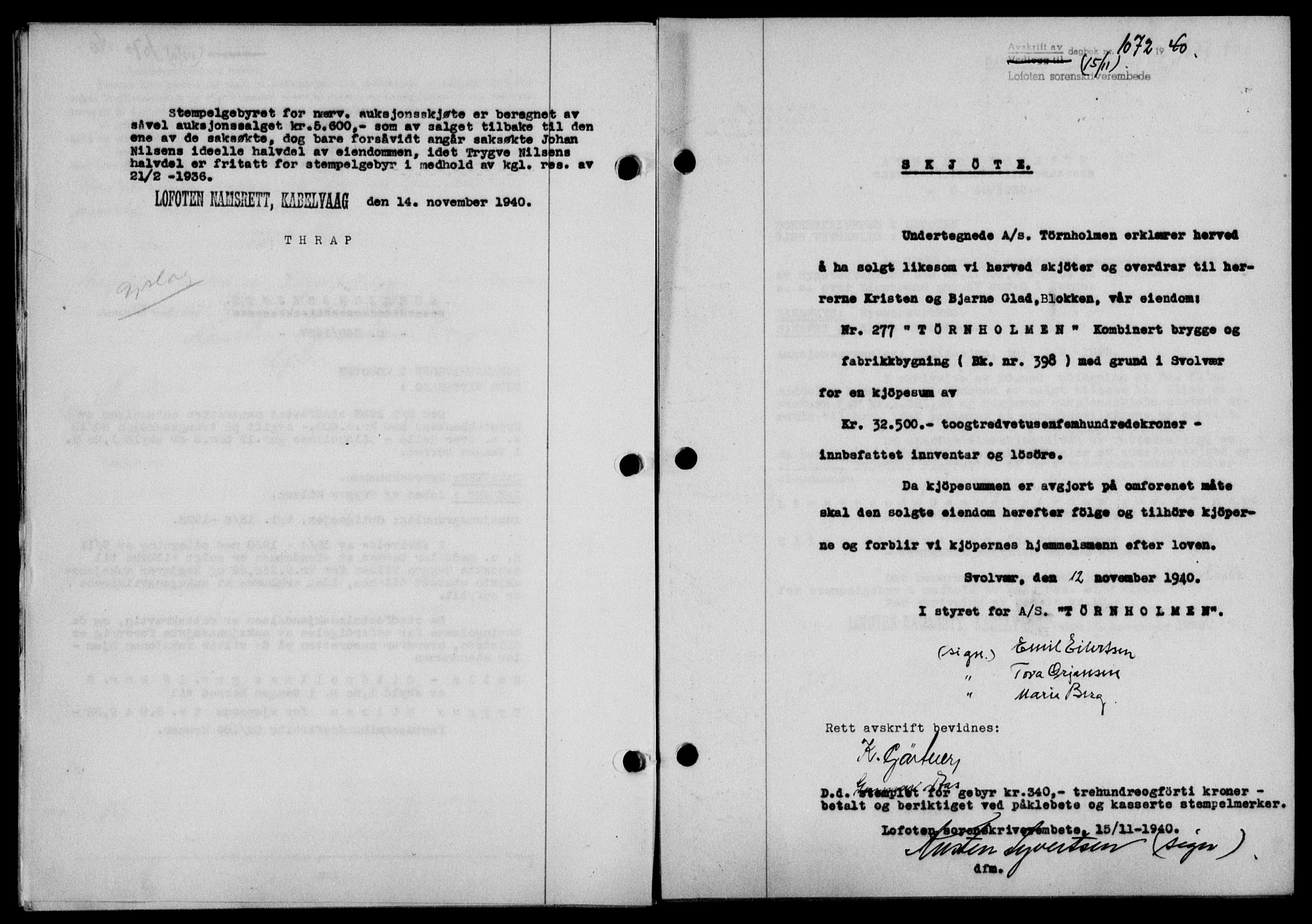 Lofoten sorenskriveri, SAT/A-0017/1/2/2C/L0008a: Mortgage book no. 8a, 1940-1941, Diary no: : 1072/1940
