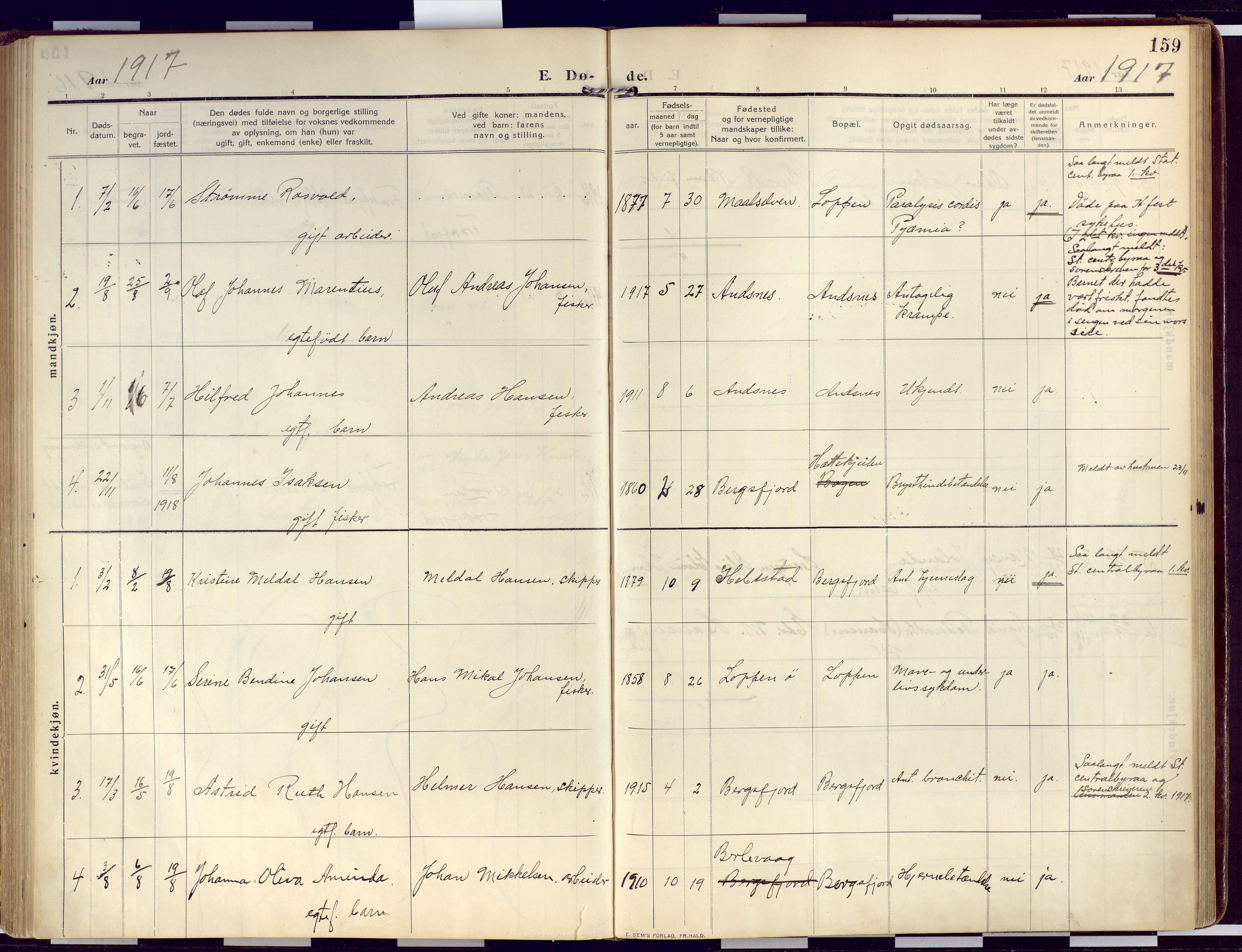 Loppa sokneprestkontor, AV/SATØ-S-1339/H/Ha/L0011kirke: Parish register (official) no. 11, 1909-1919, p. 159