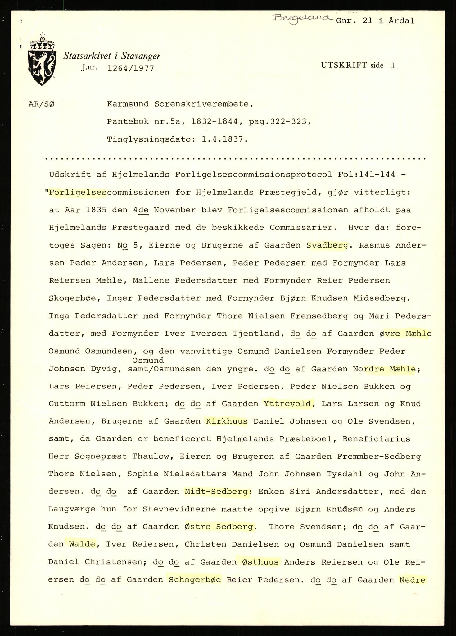 Statsarkivet i Stavanger, AV/SAST-A-101971/03/Y/Yj/L0007: Avskrifter sortert etter gårdsnavn: Berekvam - Birkeland, 1750-1930, p. 246