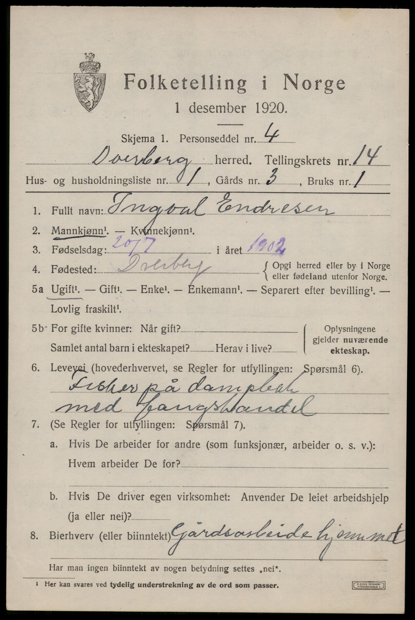 SAT, 1920 census for Dverberg, 1920, p. 10578