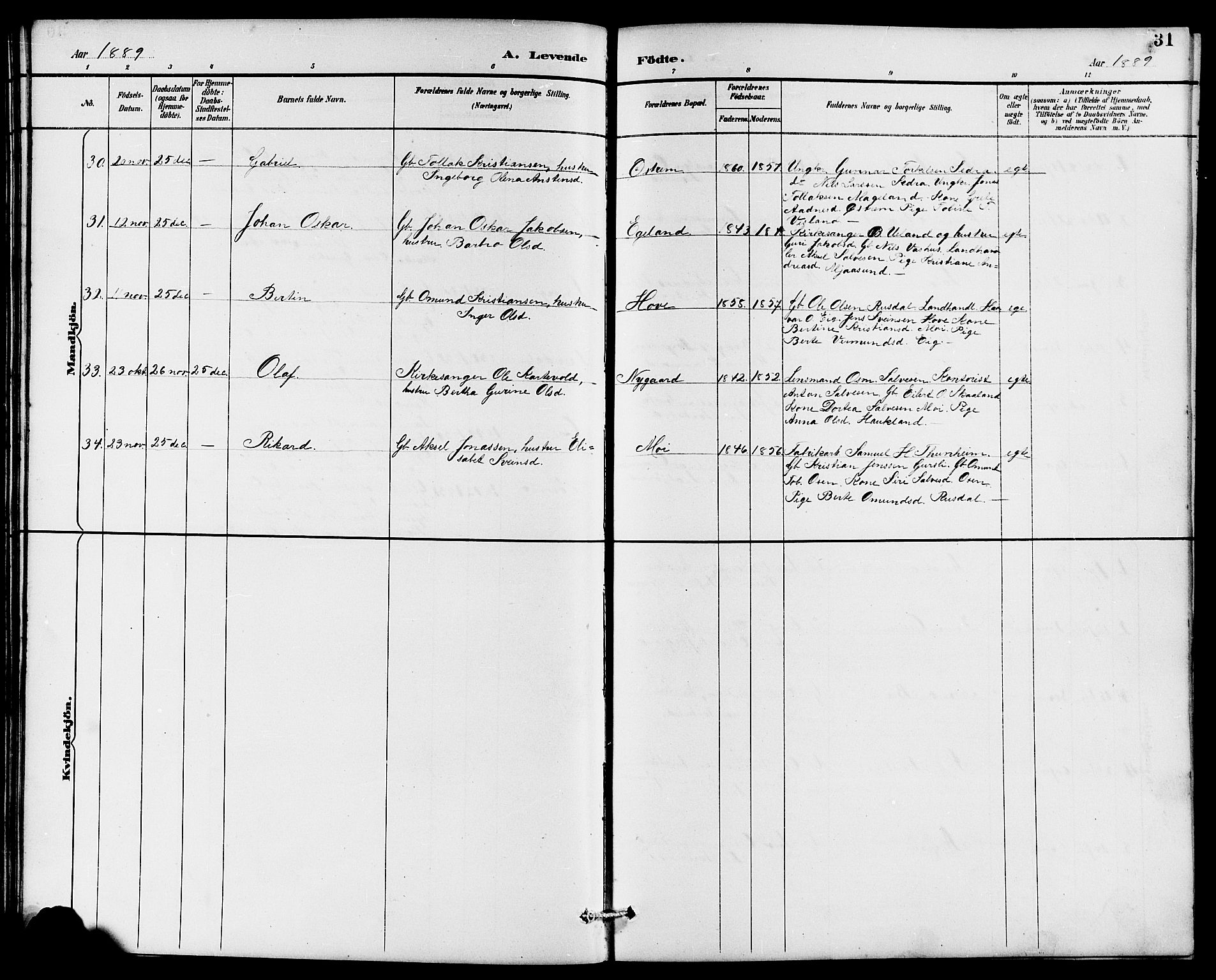 Lund sokneprestkontor, AV/SAST-A-101809/S07/L0006: Parish register (copy) no. B 6, 1885-1901, p. 31