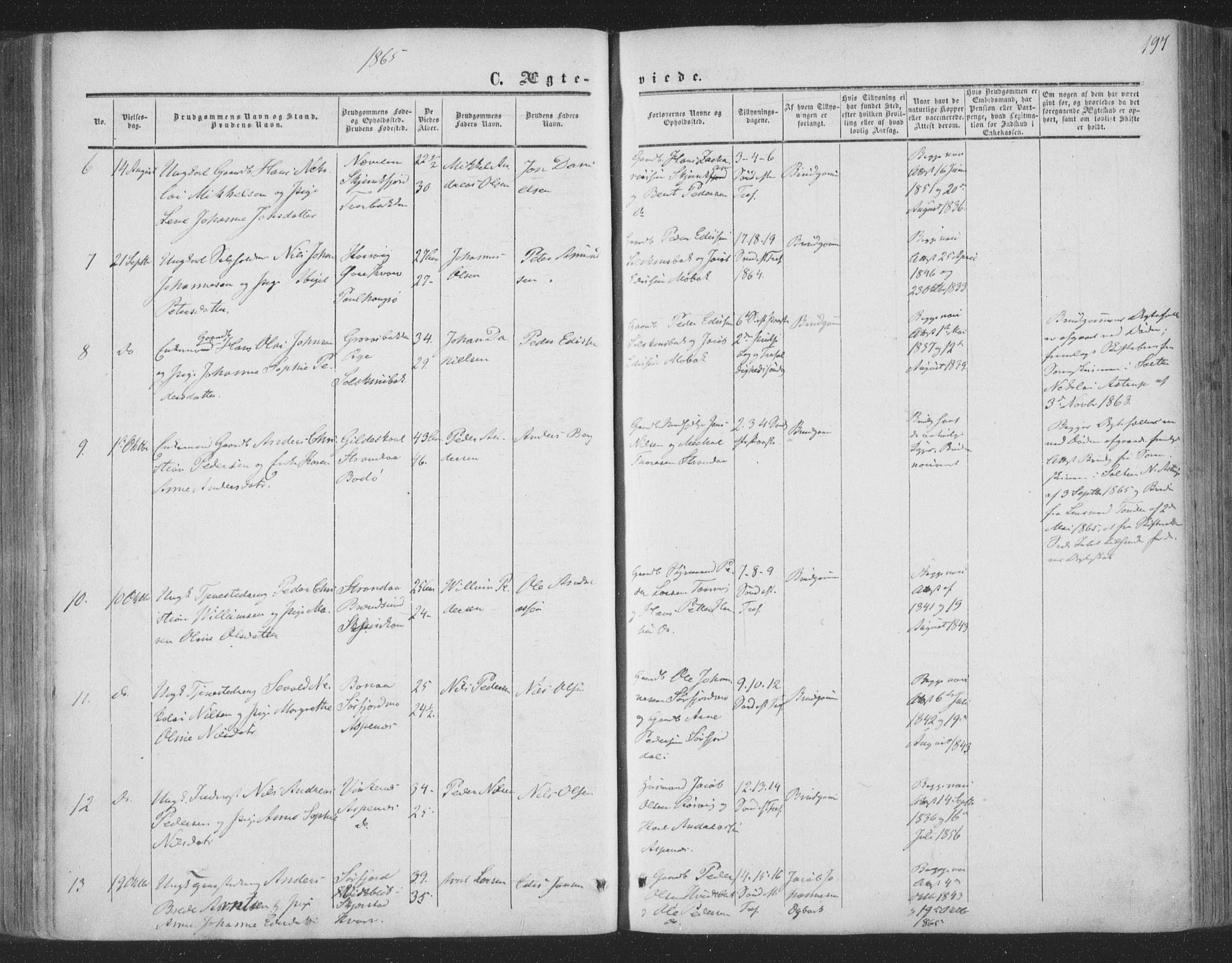 Ministerialprotokoller, klokkerbøker og fødselsregistre - Nordland, AV/SAT-A-1459/853/L0770: Parish register (official) no. 853A09, 1857-1870, p. 197