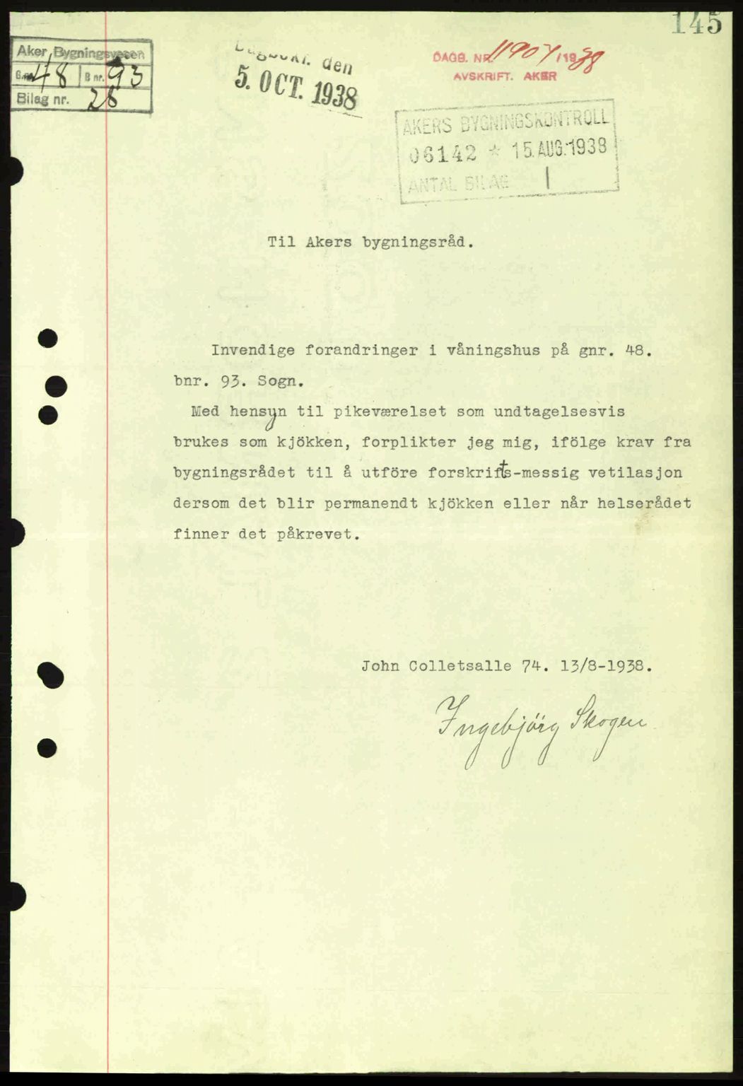 Aker herredsskriveri, SAO/A-10896/G/Gb/Gba/Gbab/L0025: Mortgage book no. A154-155, 1938-1938, Diary no: : 11907/1938