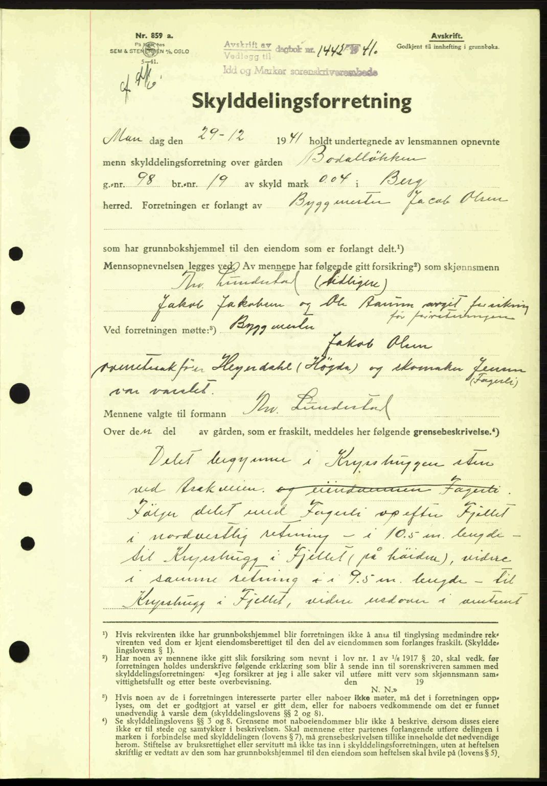 Idd og Marker sorenskriveri, AV/SAO-A-10283/G/Gb/Gbb/L0005: Mortgage book no. A5, 1941-1943, Diary no: : 1442/1941