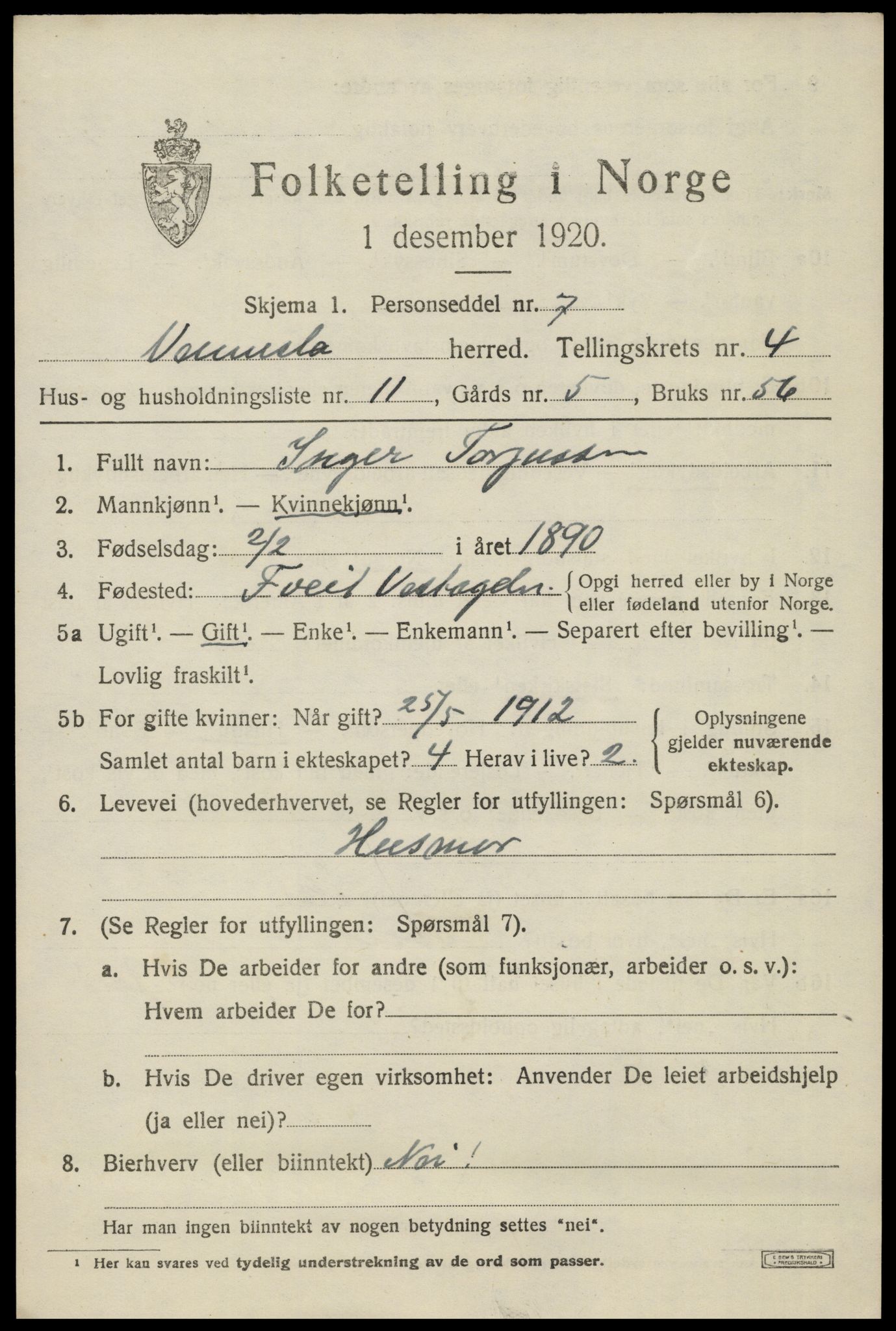 SAK, 1920 census for Vennesla, 1920, p. 2982