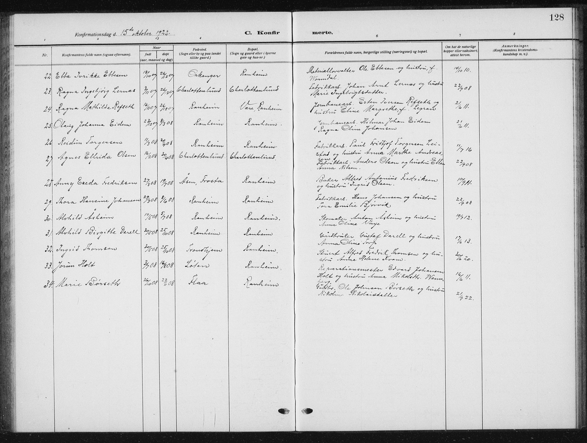 Ministerialprotokoller, klokkerbøker og fødselsregistre - Sør-Trøndelag, SAT/A-1456/615/L0401: Parish register (copy) no. 615C02, 1922-1941, p. 128