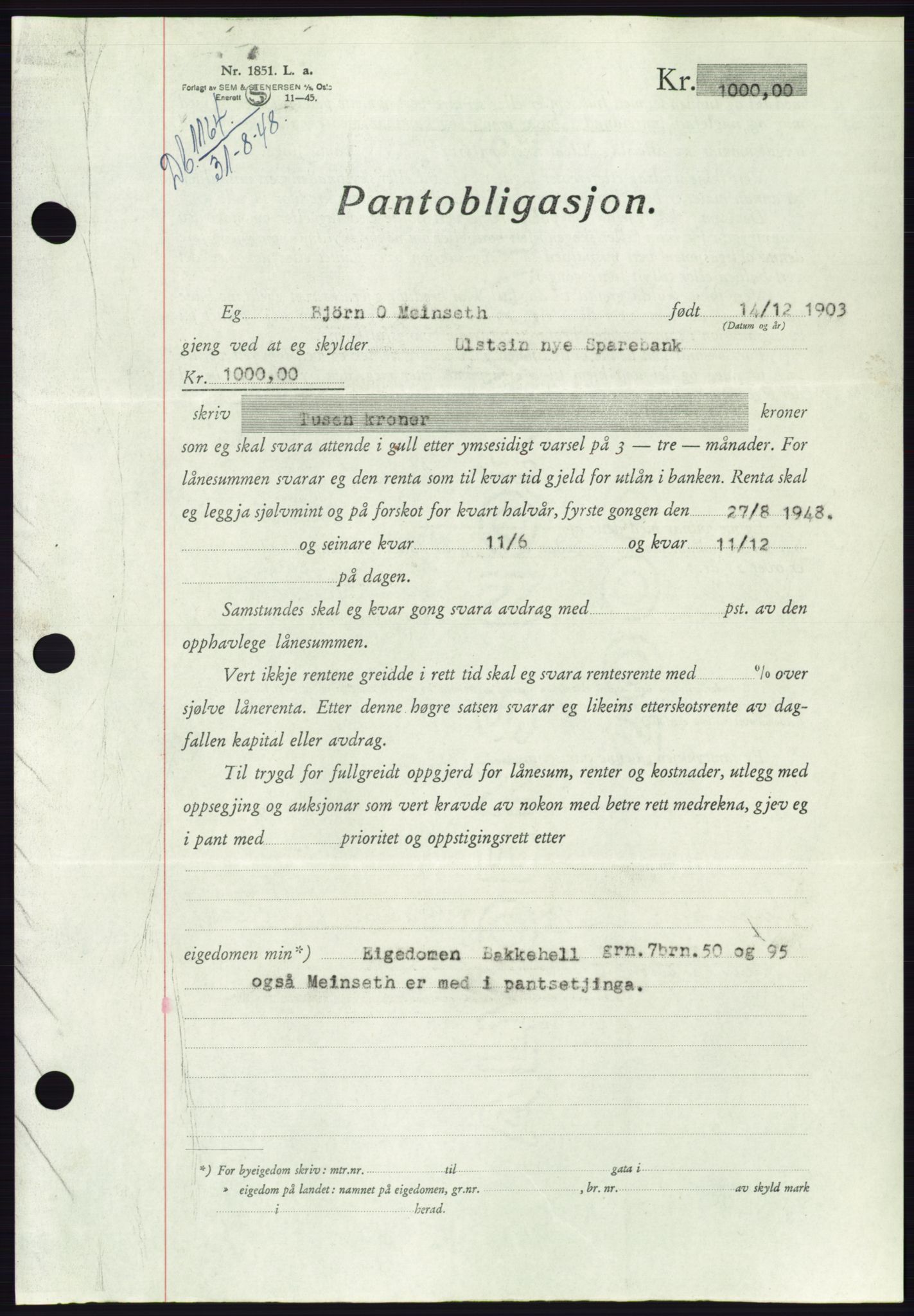 Søre Sunnmøre sorenskriveri, AV/SAT-A-4122/1/2/2C/L0116: Mortgage book no. 4B, 1948-1949, Diary no: : 1164/1948