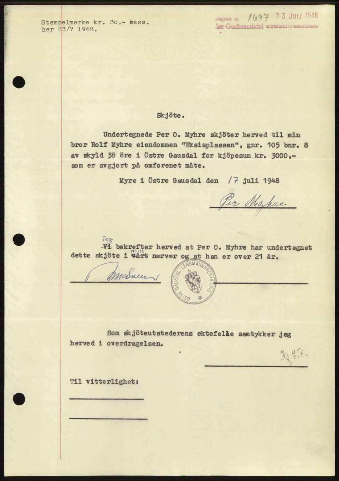 Sør-Gudbrandsdal tingrett, SAH/TING-004/H/Hb/Hbd/L0022: Mortgage book no. A22, 1948-1948, Diary no: : 1697/1948