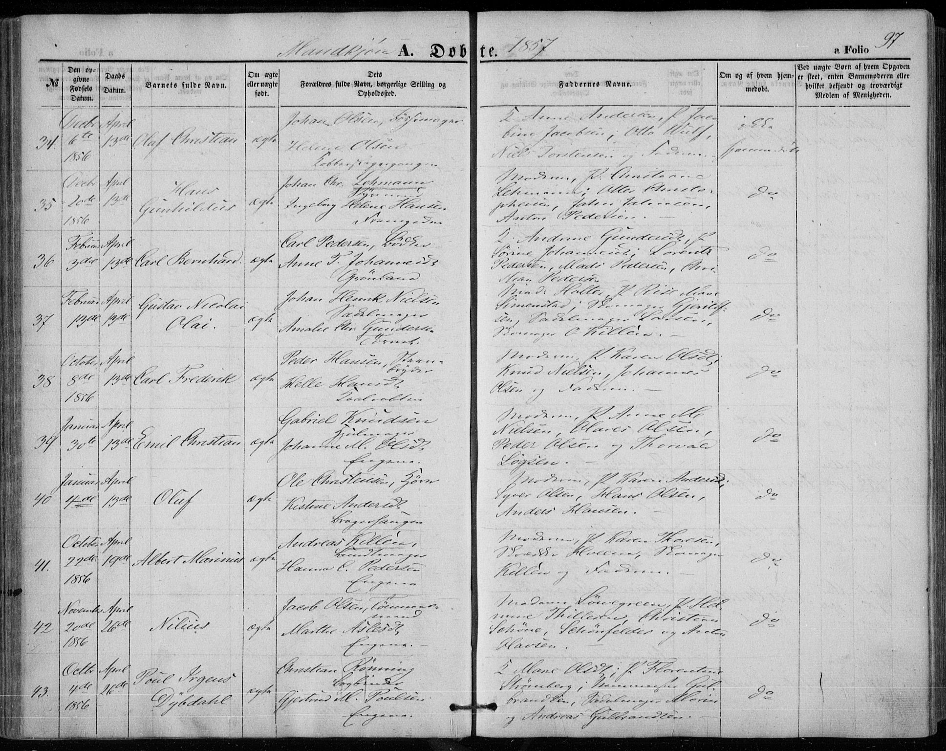 Bragernes kirkebøker, SAKO/A-6/F/Fb/L0002: Parish register (official) no. II 2, 1848-1859, p. 97