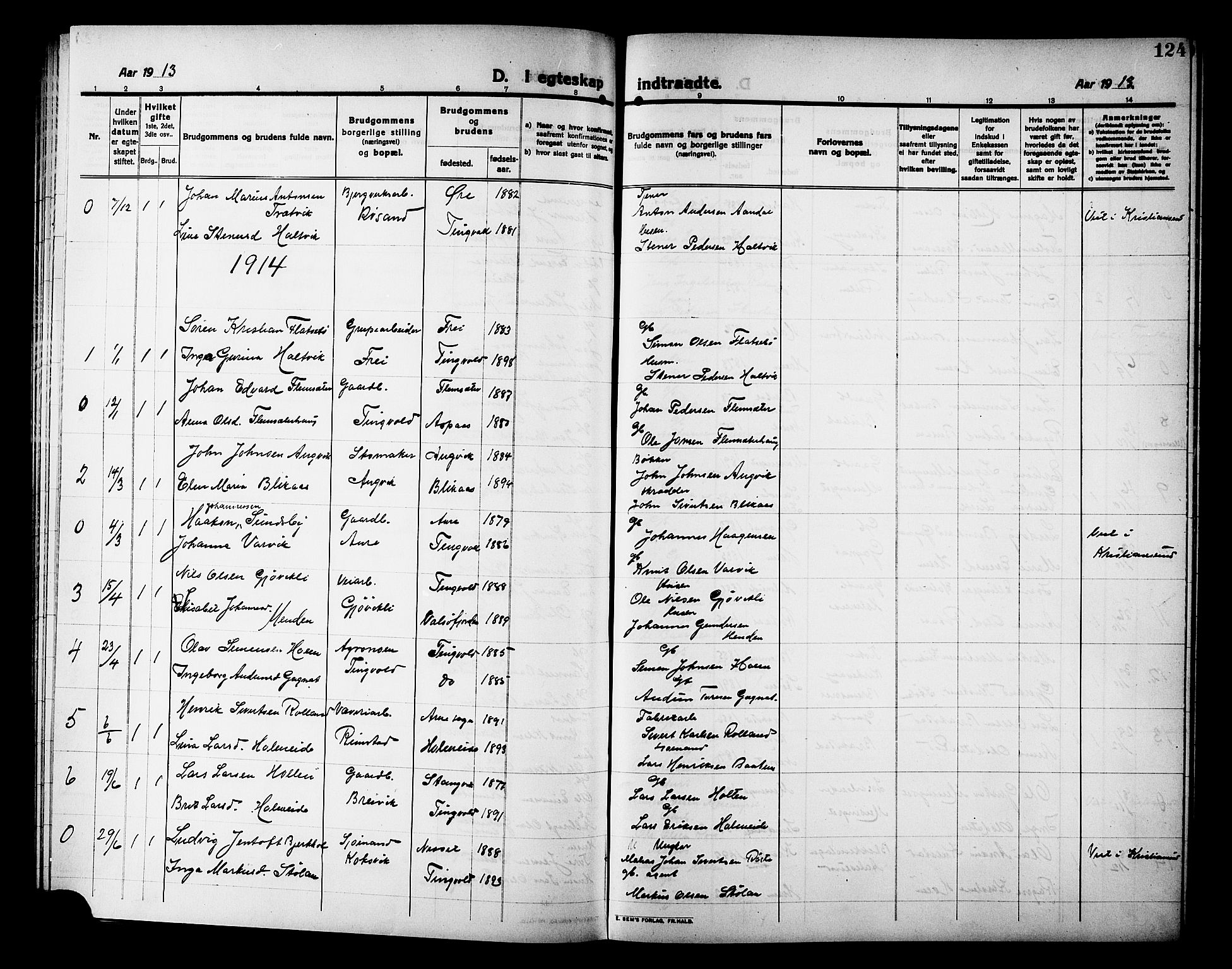 Ministerialprotokoller, klokkerbøker og fødselsregistre - Møre og Romsdal, AV/SAT-A-1454/586/L0993: Parish register (copy) no. 586C04, 1910-1918, p. 124