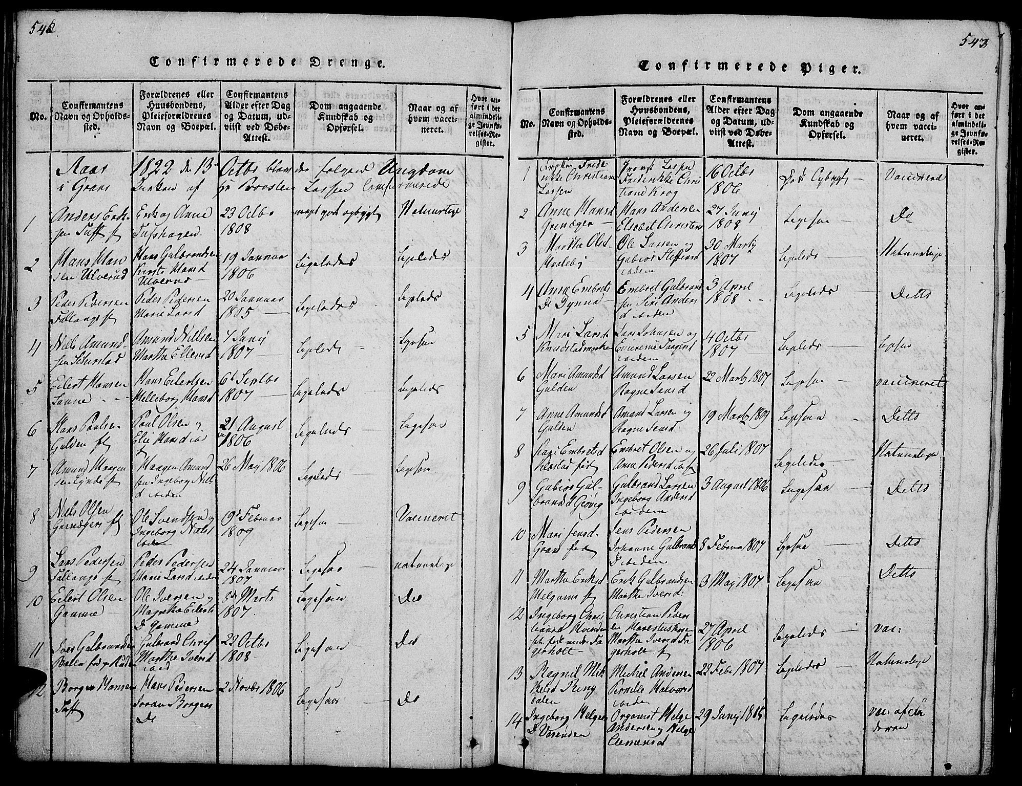 Gran prestekontor, SAH/PREST-112/H/Ha/Hab/L0001: Parish register (copy) no. 1, 1815-1824, p. 542-543