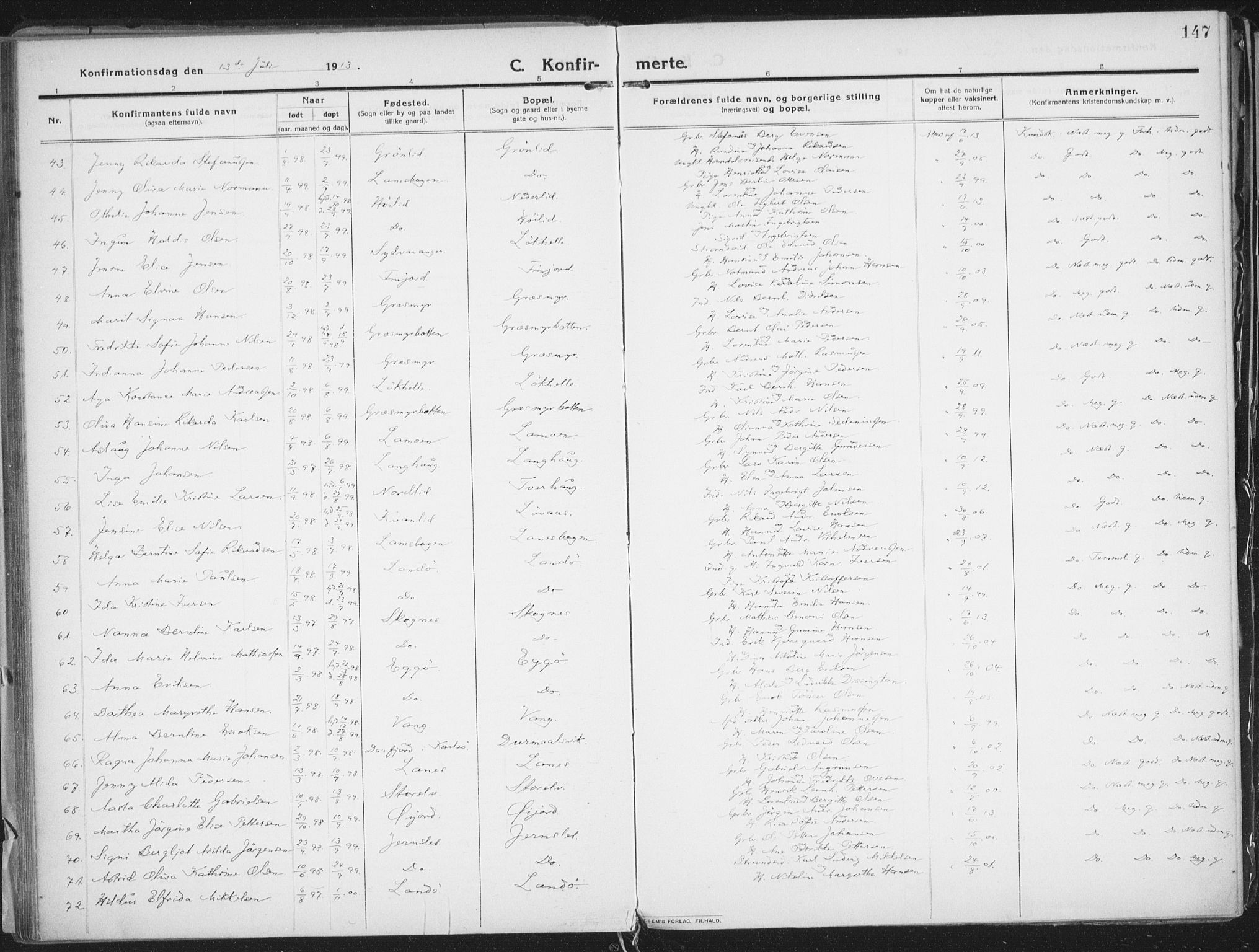 Lenvik sokneprestembete, AV/SATØ-S-1310/H/Ha/Haa/L0016kirke: Parish register (official) no. 16, 1910-1924, p. 147