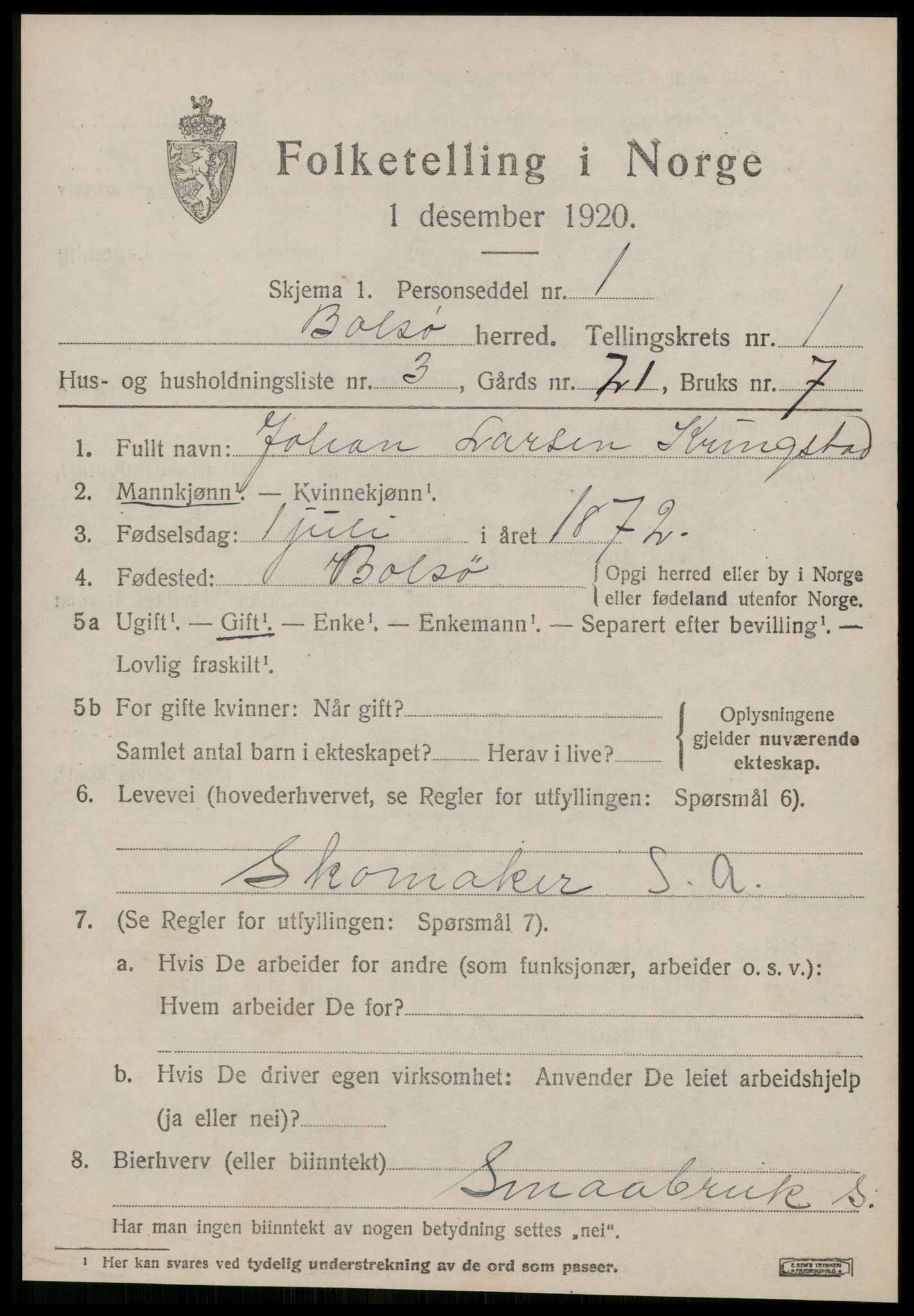 SAT, 1920 census for Bolsøy, 1920, p. 1627