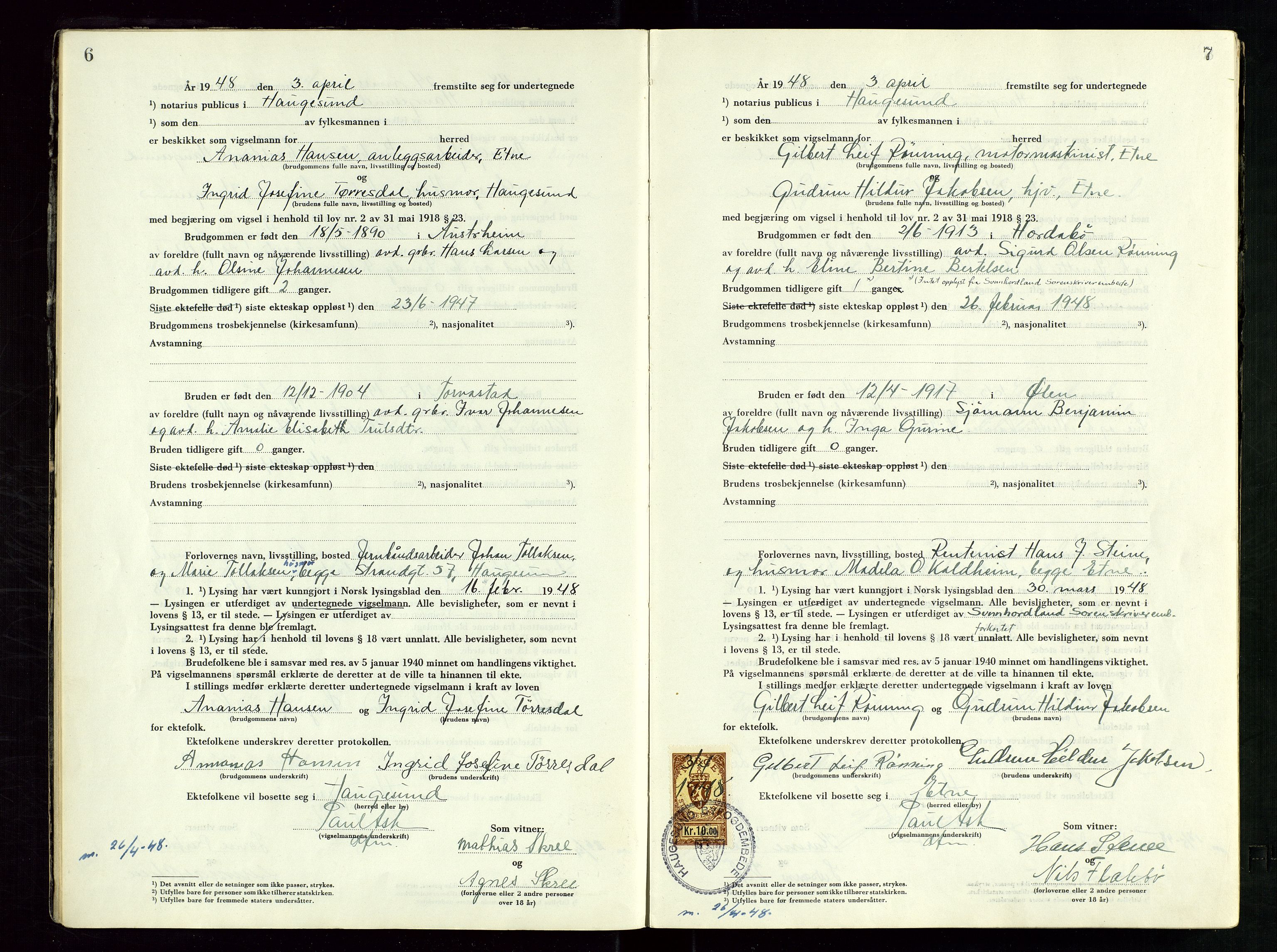 Haugesund tingrett, AV/SAST-A-101415/01/III/IIID/L0006: Vigselbok, 1948-1956, p. 6-7