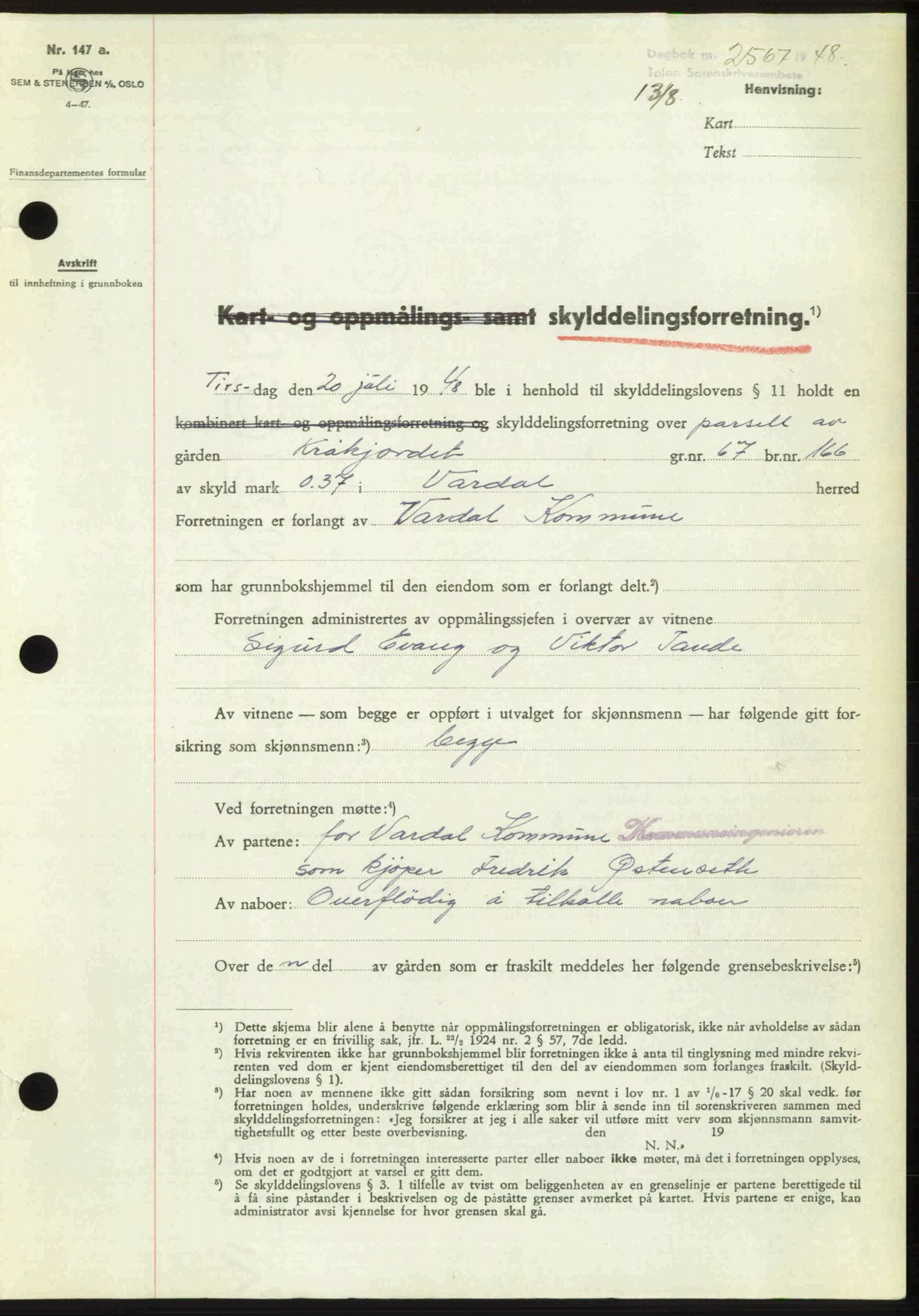 Toten tingrett, SAH/TING-006/H/Hb/Hbc/L0020: Mortgage book no. Hbc-20, 1948-1948, Diary no: : 2567/1948